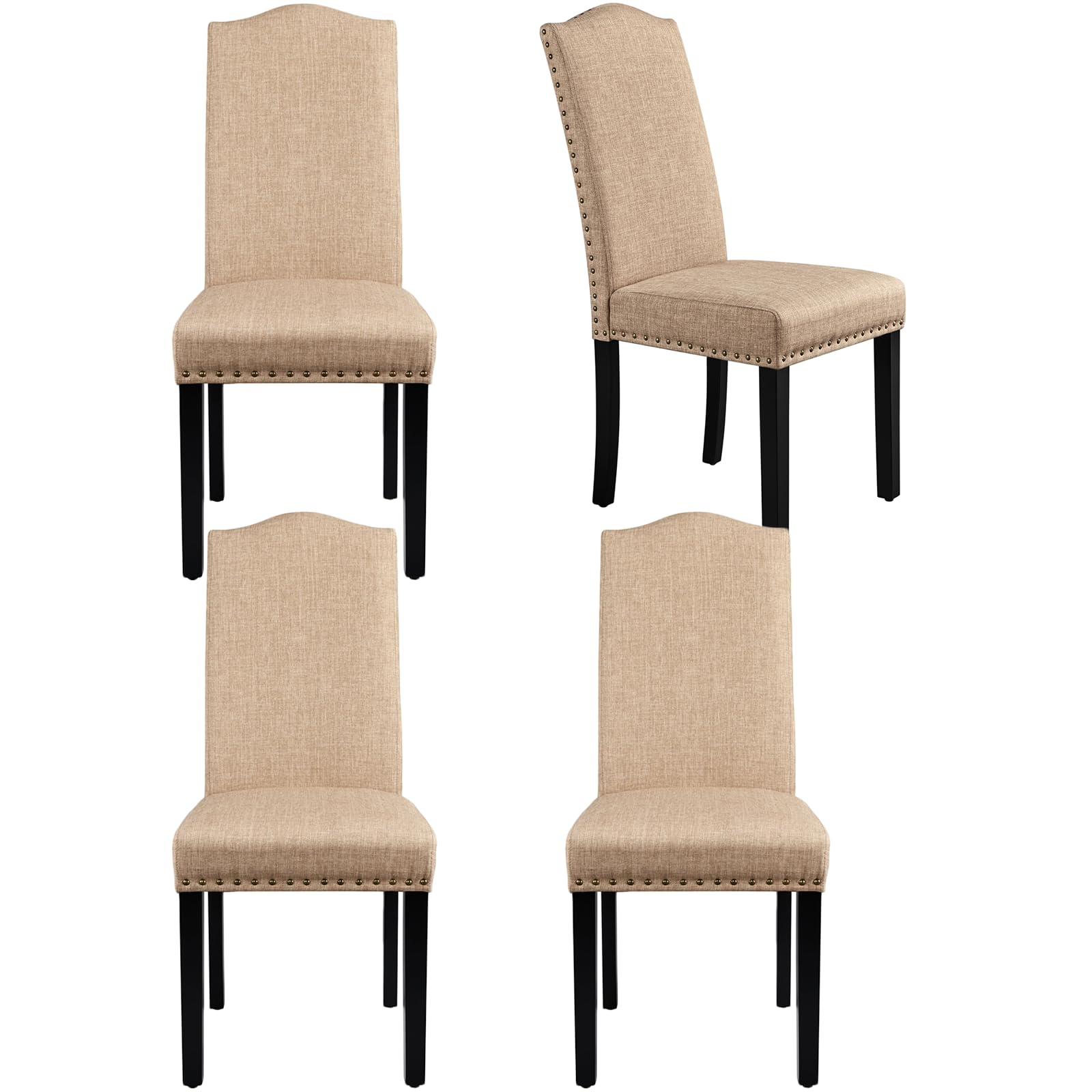 Yaheetech Set of 4 Upholstered Parsons Dining Chairs - Fabric Kitchen & Living Room Side Chairs with Rubber Wood Legs & Nailhead Trim, Khaki - Perfect for Dining Room, Breakfast Nook, and Home Decor (2-Pack)