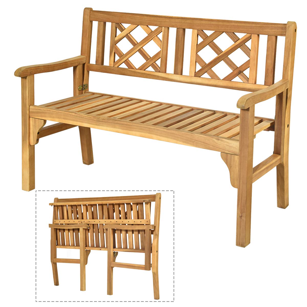 Giantex 4 Ft Foldable Acacia Wood Outdoor Bench - Heavy Duty 705Lbs Capacity Patio Garden Bench with Curved Backrest & Armrest - Perfect for Porch, Balcony, Park, Backyard & Outdoor Seating