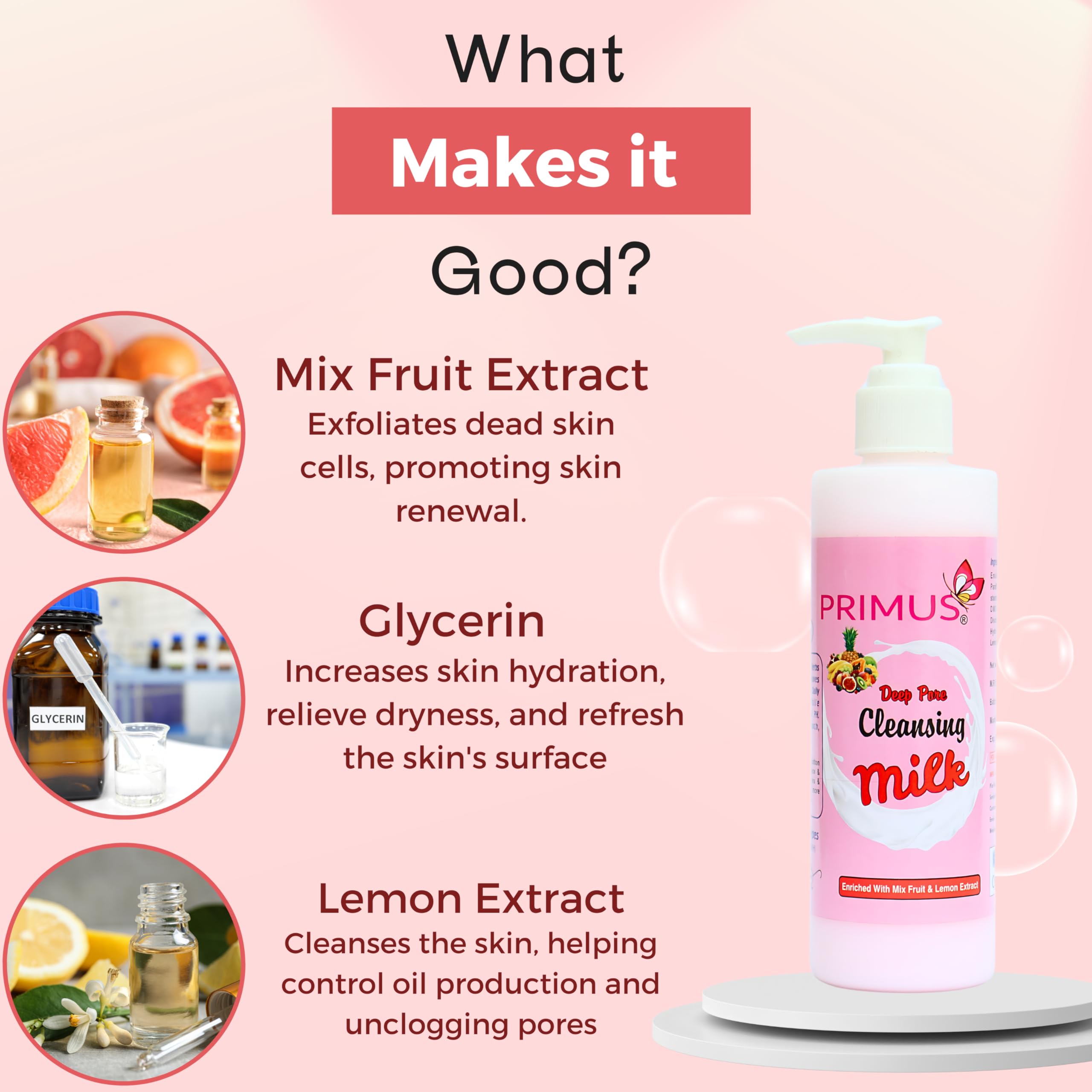 Primus Mix Fruit Cleansing Milk with Vitamin C & Lemon Extracts - Ultra Clean & Refreshing Facial Cleanser | Makeup Remover & Daily Face Wash | 250ml | Perfect for Morning & Night Skincare Routine
