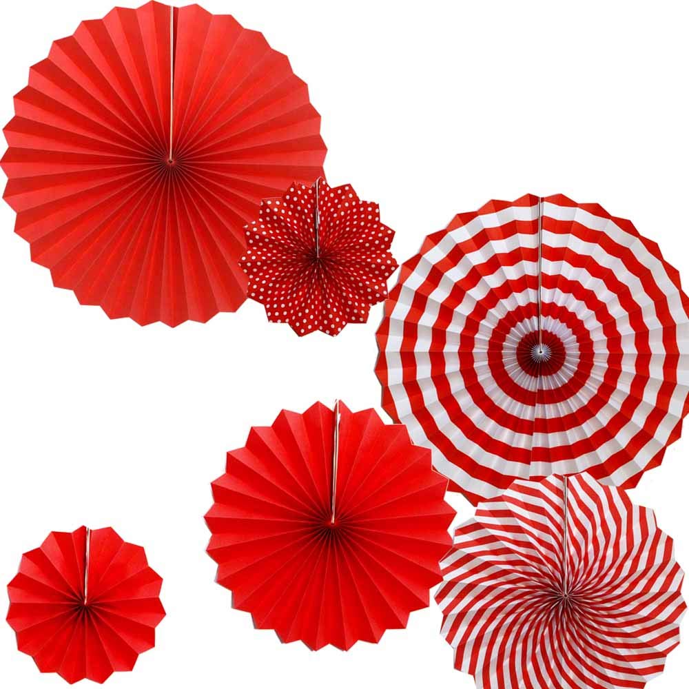 Vibrant Red Paper Flower Fans Set of 6 - Perfect for Wedding Decorations, Birthday Parties, Carnivals & Welcome Celebrations - Festive Handheld Decor for Tropical Luau, Bridal Showers & Photo Props