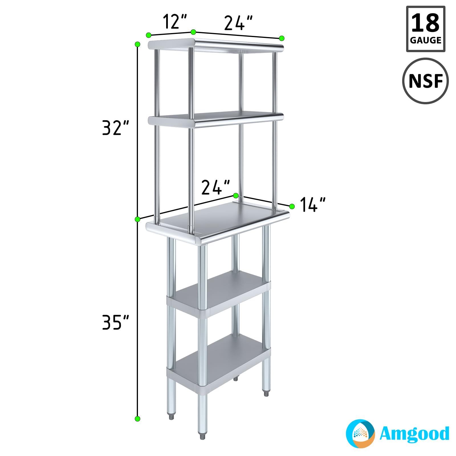 AmGood Stainless Steel Work Table with 2 Shelves | Heavy Duty Metal Kitchen Prep Table & Storage Shelving Combo (14
