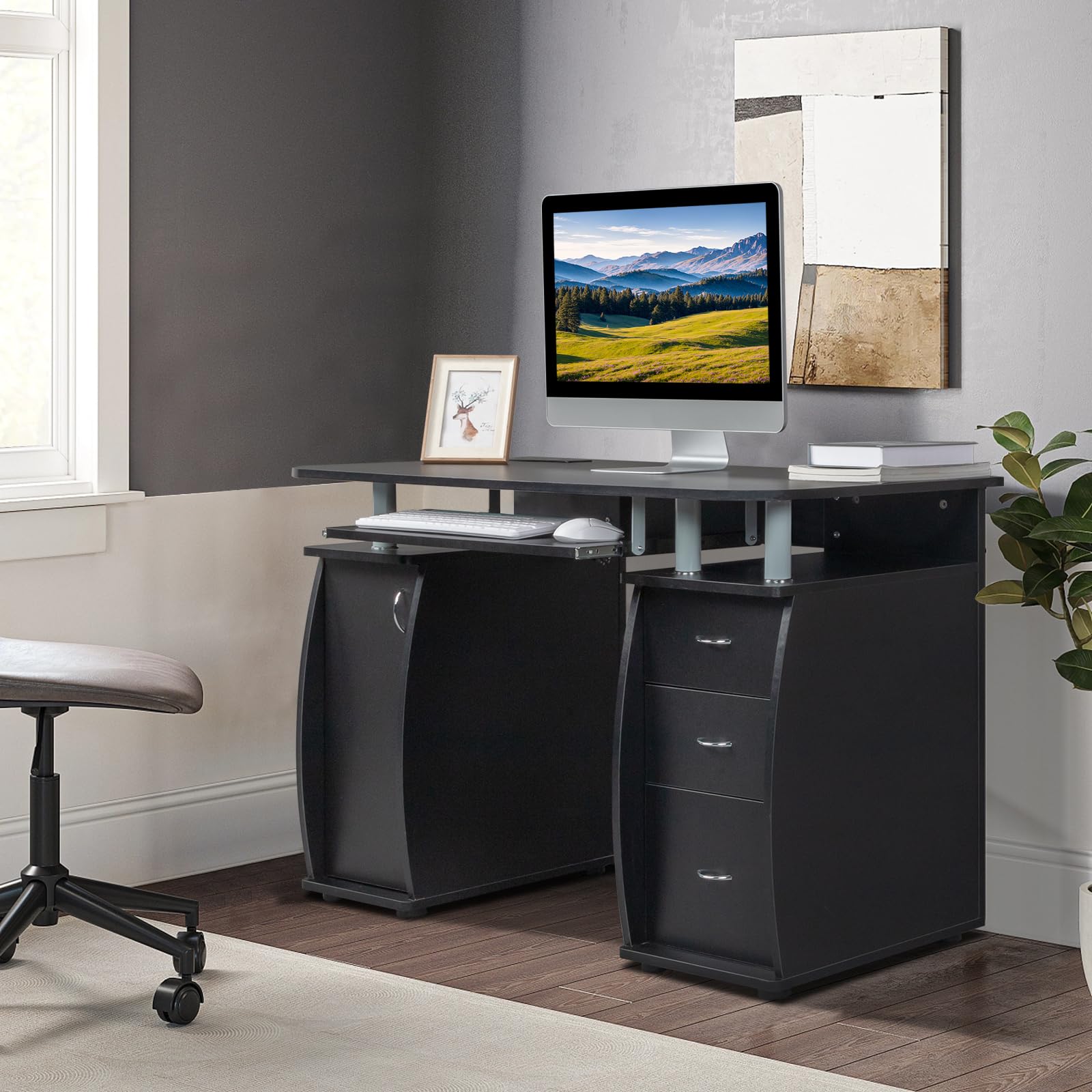 Karl Home Computer Desk with Drawers & Storage Cabinet - Small Office Desk PC Laptop Workstation for Home Office, Studio & Apartment - Black | Compact Writing Table for Remote Work, Online Classes & Gaming Setup