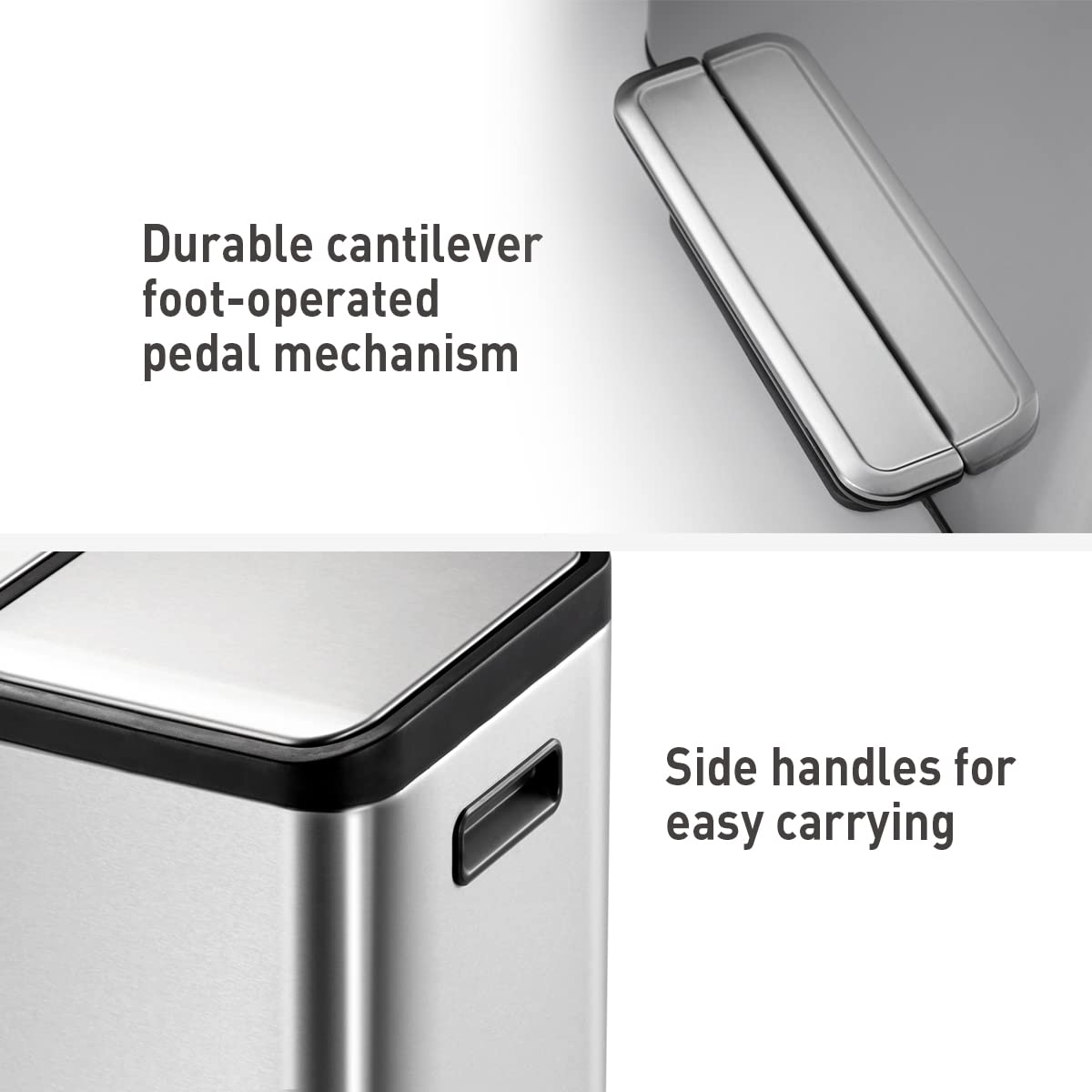 EKO EcoCasa 30L+20L Stainless Steel Dual Compartment Recycling Trash Can - Rectangular Kitchen Waste Bin with Independent Pedals & Soft-Close Lids, Fingerprint Resistant - Perfect for Eco-Friendly Homes, Office Break Rooms & Restaurant Kitchens