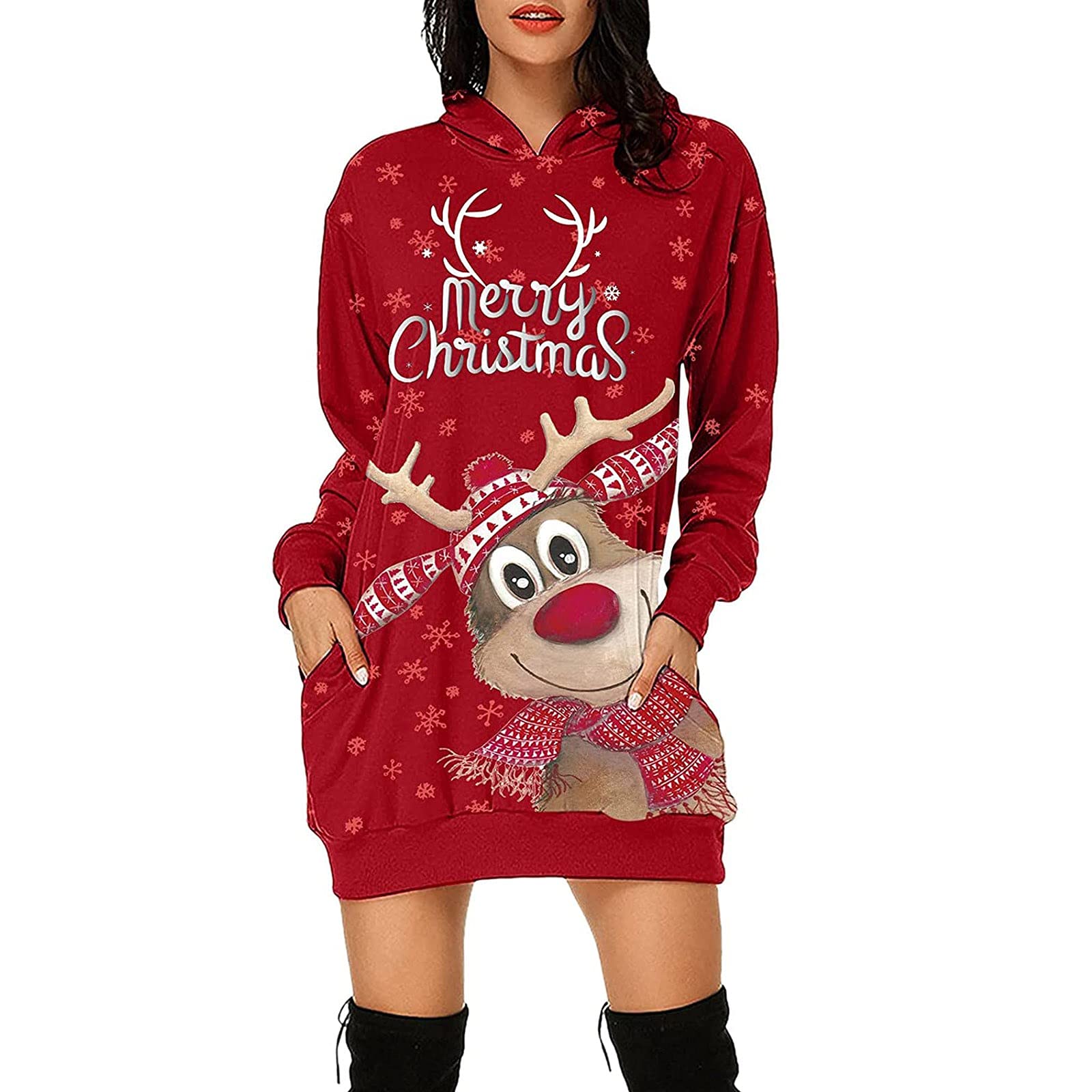 Qunpeng Women's Christmas Long Sleeve Hooded Sweatshirt Dress with Pockets - Cozy Holiday Party Outfit for Festive Gatherings & Winter Cocktail Events