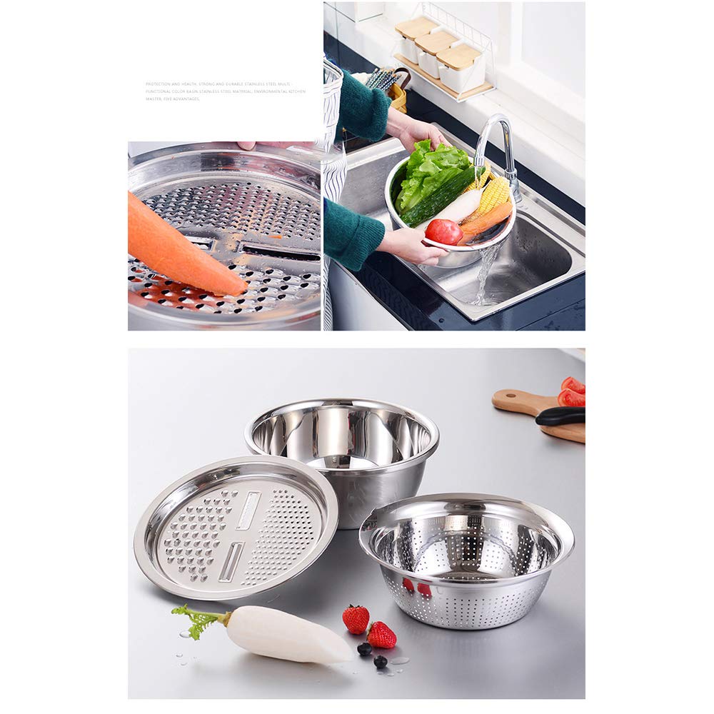Premium 3-in-1 Stainless Steel Kitchen Tool - Vegetable Cutter, Grater & Drain Basket | Multi-Function Julienne Slicer & Salad Maker Bowl for Cooking, Meal Prep & Healthy Eating