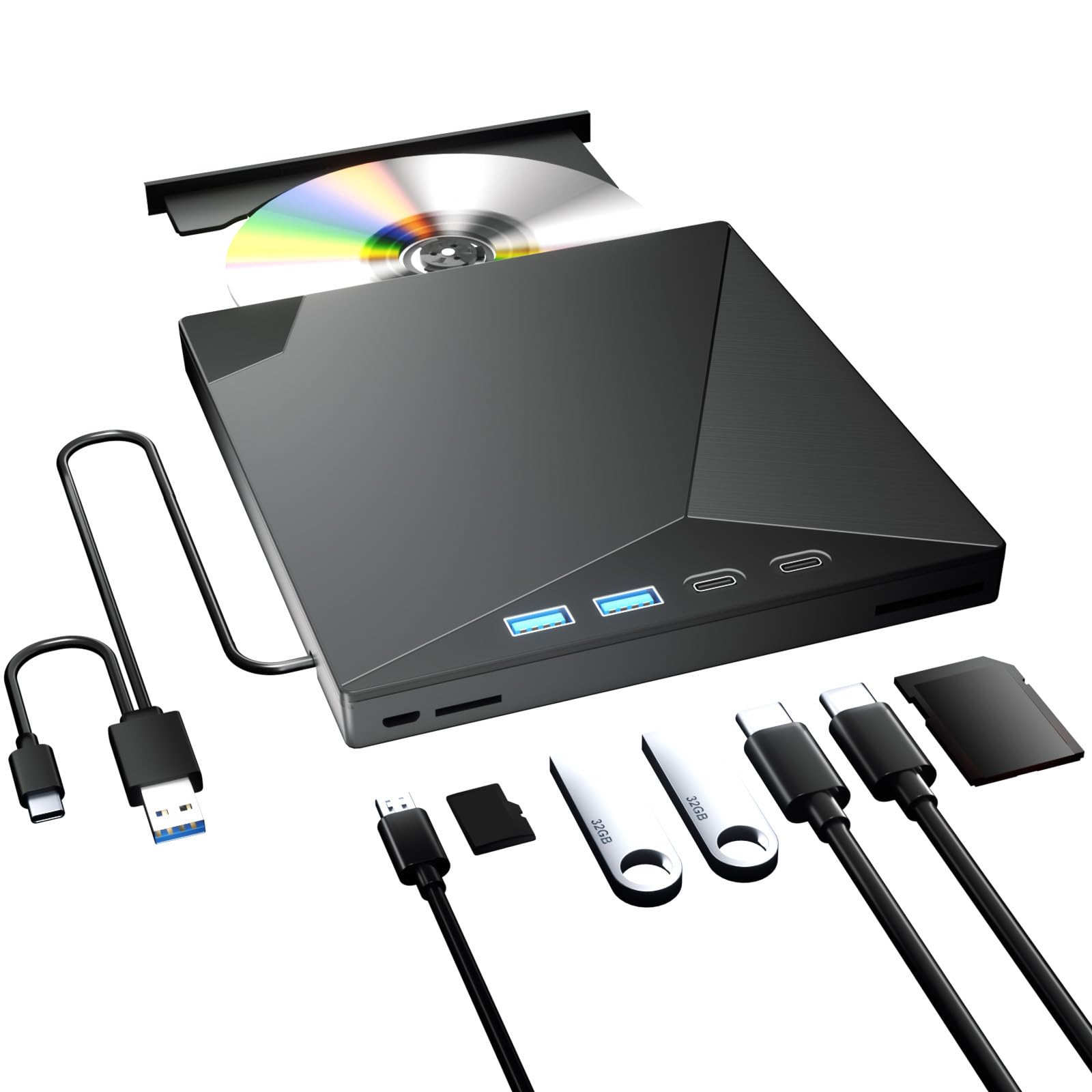 Portable External CD/DVD Drive USB 3.0 & Type-C - 7-in-1 DVD Burner & CD ROM Player for Laptop/PC - Compatible with Windows XP/7/8/10, Mac OS, Linux - Perfect for Watching Movies, Burning Music CDs & Installing Software