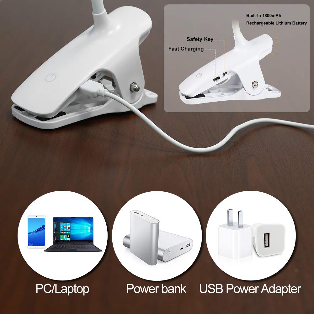 Rechargeable 16 LED Clip On Reading Light - Adjustable Amber Desk Lamp with 5 Brightness Levels & Touch Control | Dimmable Book Light for Bed Headboard, Nightstand & Gentle Night Reading (Perfect for Bedtime Stories, Studying & Cozy Reading)