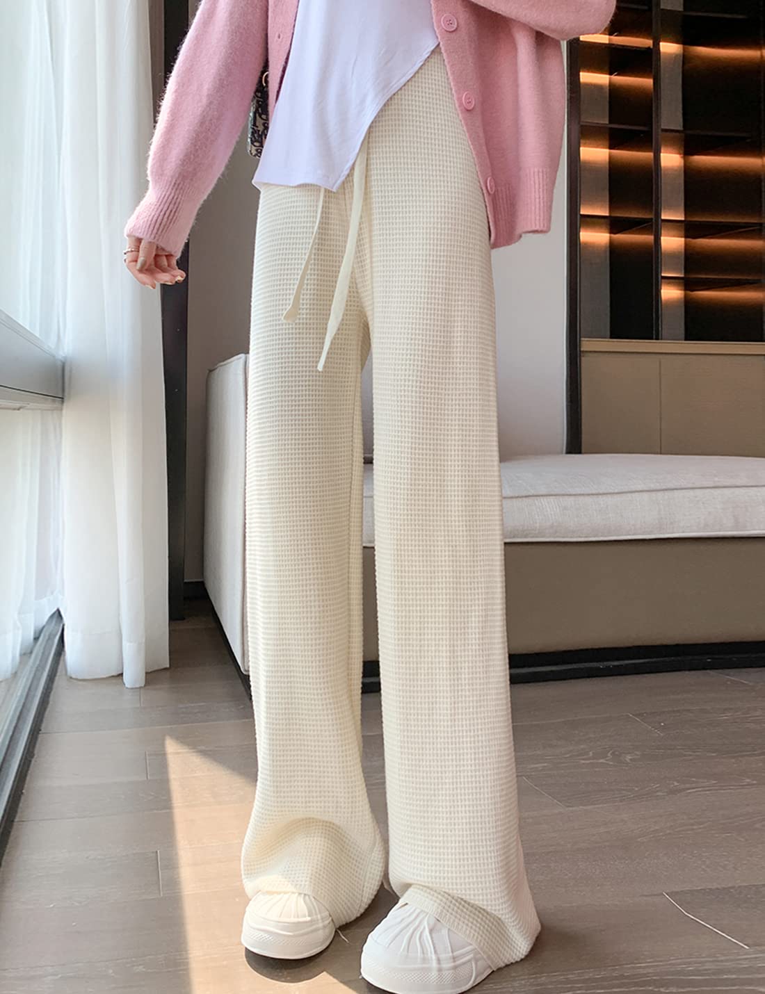 Women's Waffle Knit Lounge Pants - High Waisted Wide Leg Sweatpants with Drawstring & Elastic Waistband | Cozy Casual Wear for Home, Yoga & Travel