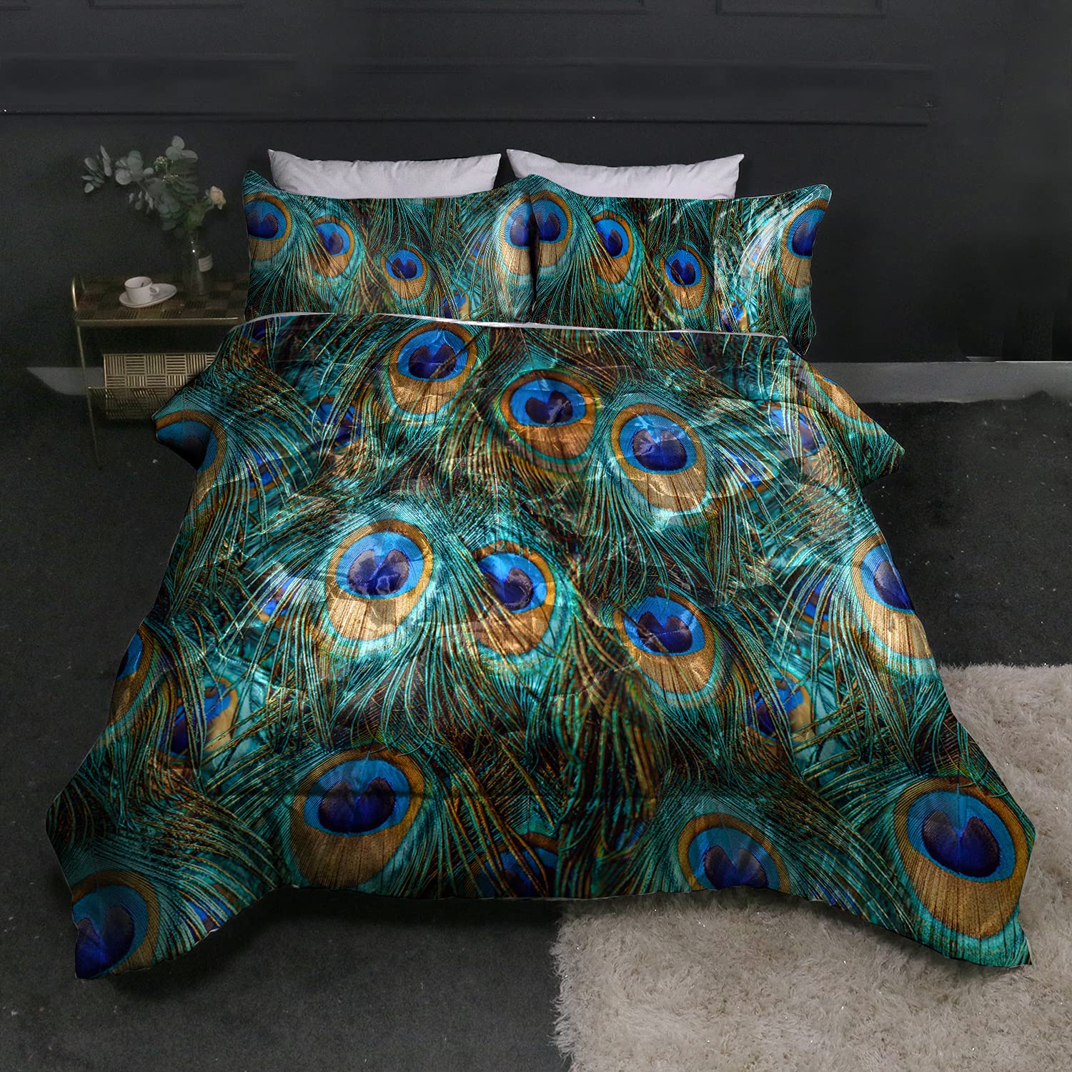 BlessLiving Peacock Feather Satin Comforter Set 3-Piece King Size - Aqua Blue & Turquoise Silky Bedding with Sparkly Bird Design | Luxurious Bedroom Decor for Master Suite, Guest Room & Bohemian Style Homes