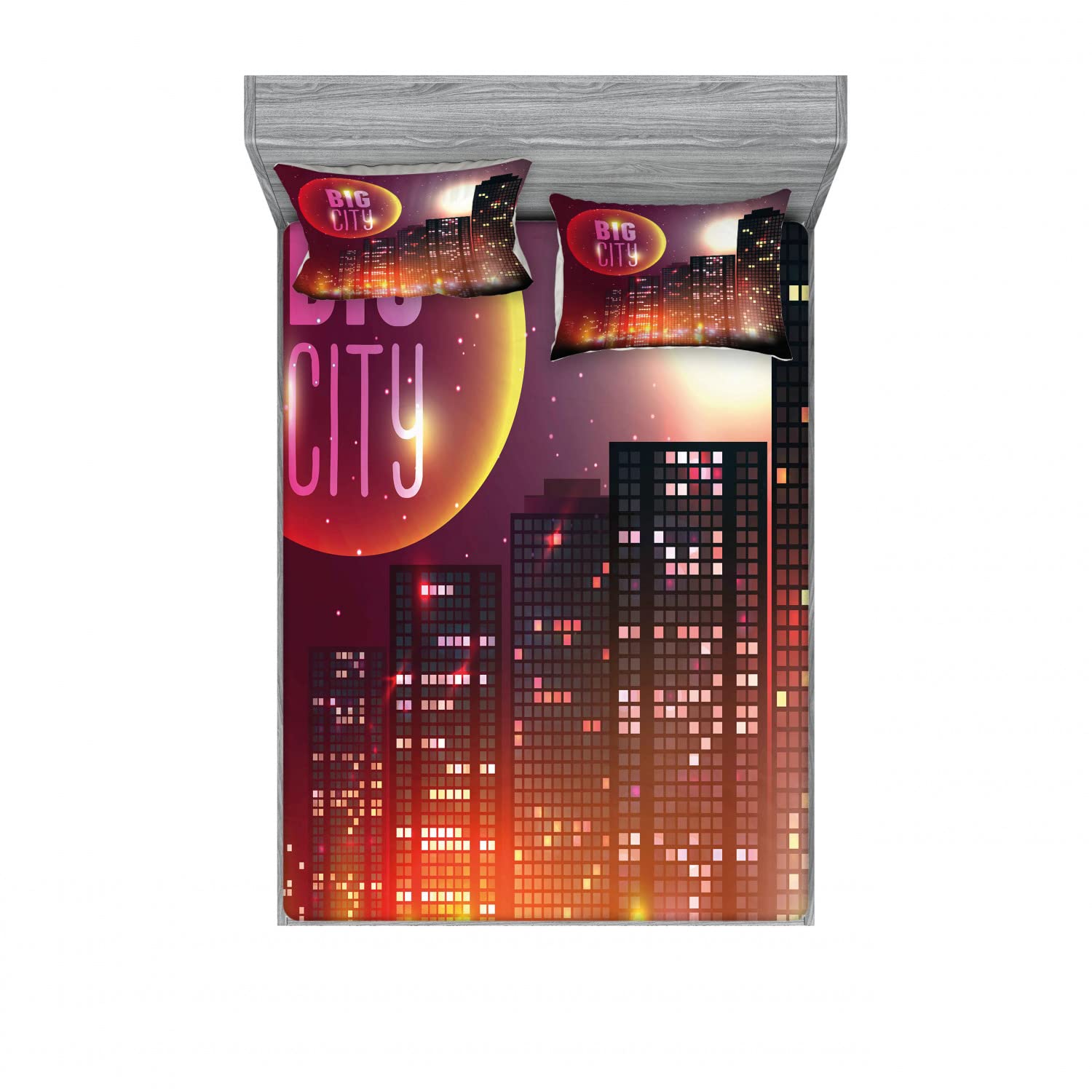 Ambesonne Modern 2-Pack Full Size Fitted Sheet Set with 4 Pillow Shams - Urban City Night Skyline Design, Vibrant Multicolor Bedding Decor for Contemporary Bedrooms | Perfect for Guest Rooms, Dorms & Apartment Decor