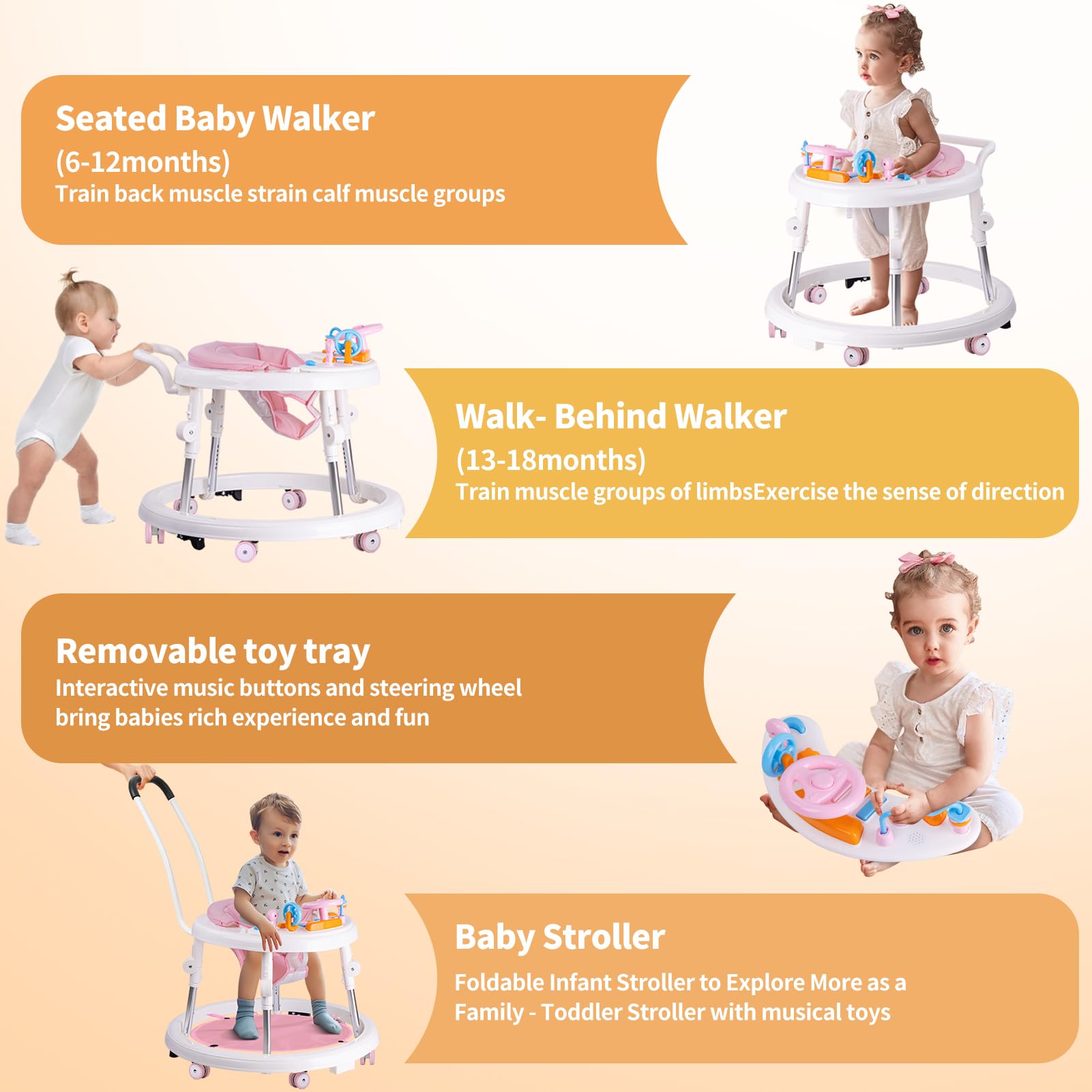 9-Speed Adjustable Foldable Baby Walker with Activity Center, Feeding Tray & Music | Push Handle, Footrest & Silent Wheels for Safety | Anti-Rollover Design for Boys & Girls (6-18 Months) | Perfect for Learning to Walk, Playtime & Indoor Activities