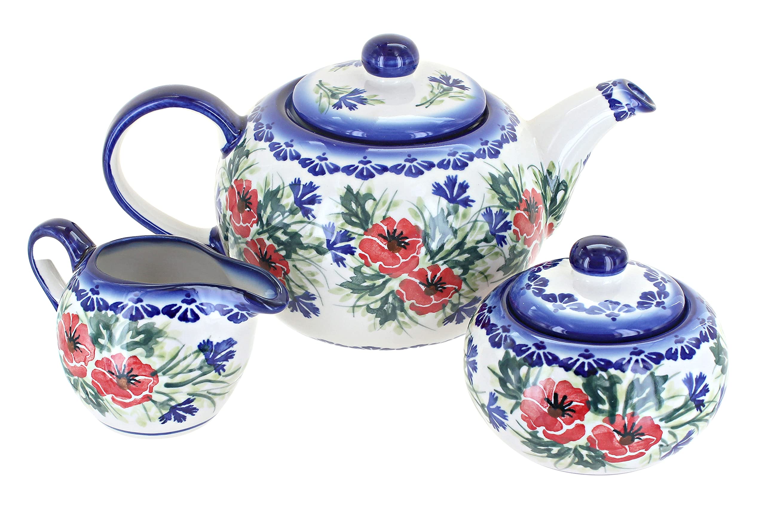 Blue Rose Polish Pottery Cherry Red Bouquet 3-Piece Tea Set - Handmade Ceramic Teapot with Cups for Afternoon Tea, Gift & Home Decor