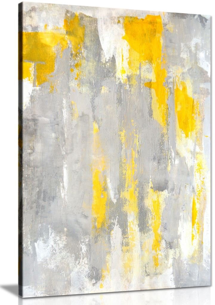 Modern Abstract Grey & Yellow Canvas Wall Art - 30x20 Inch Framed Painting Print for Living Room, Bedroom & Office Decor
