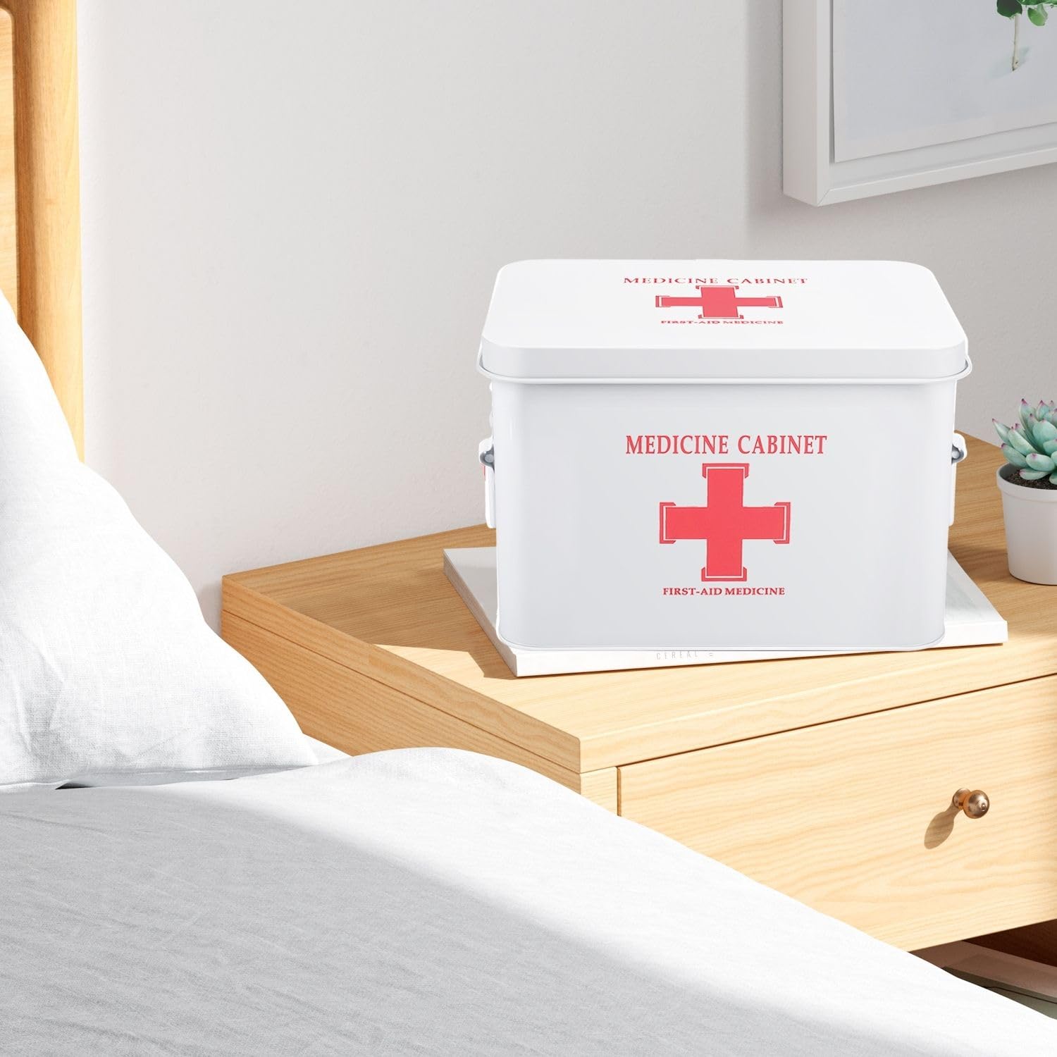 Vintage White 8.5 Inch Metal First Aid Kit Box with Dividers & Removable Tray - Empty Medical Storage Organizer Container with Cross Logo - Perfect for Home, Office, Camping, and Emergency Preparedness