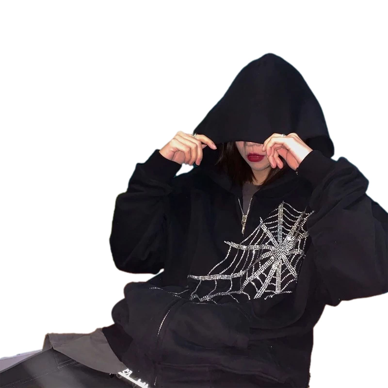 Tsnbre Women's Oversized Rhinestone Spider Web Print Zip Up Sweatshirt | Y2K Streetwear Jacket | Halloween Costume & Casual Outfit