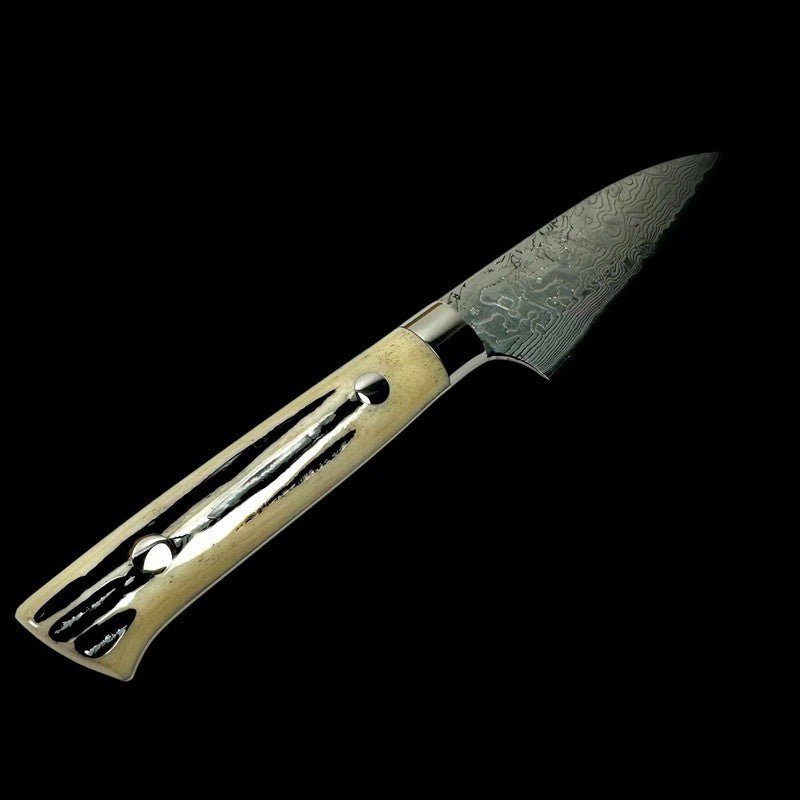Premium Takeshi Saji SG2 Damascus Steel 90mm Petty Knife with Authentic Cow Horn Handle - Perfect for Precision Slicing, Fruit Cutting & Kitchen Tasks