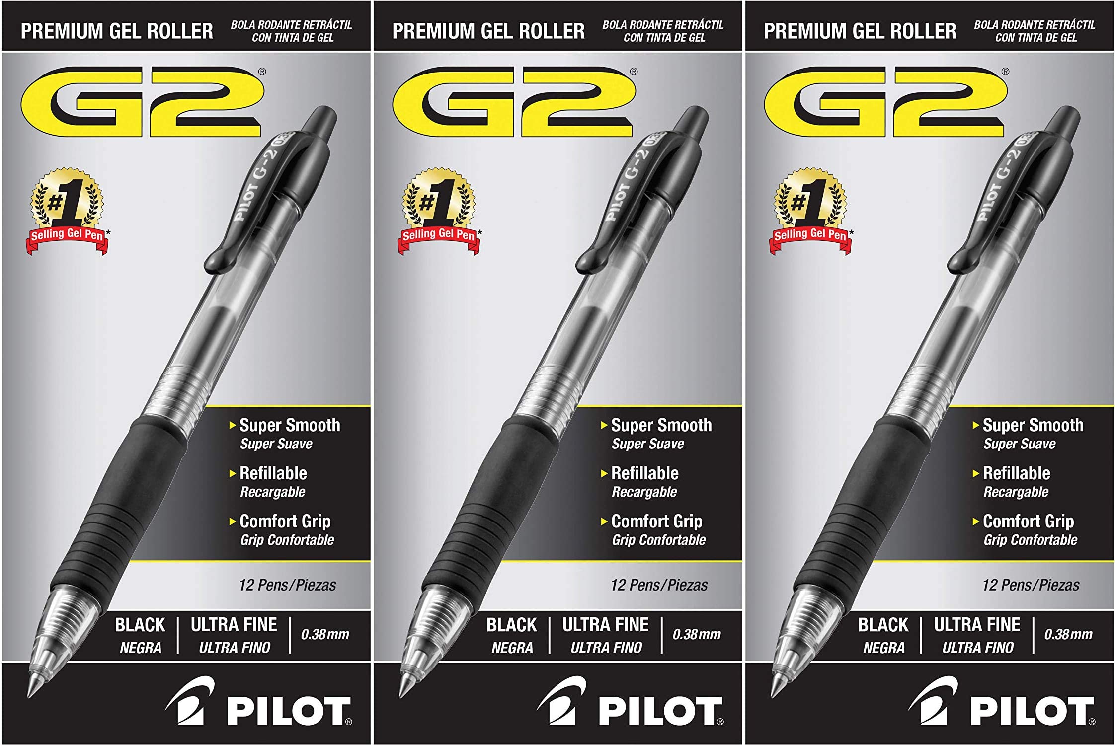PILOT G2 Premium Refillable Retractable Gel Pens - Ultra Fine Point 0.38mm Black Ink (31277) - 3 Pack of 12 Pens for Office, School, Note Taking & Gift Giving