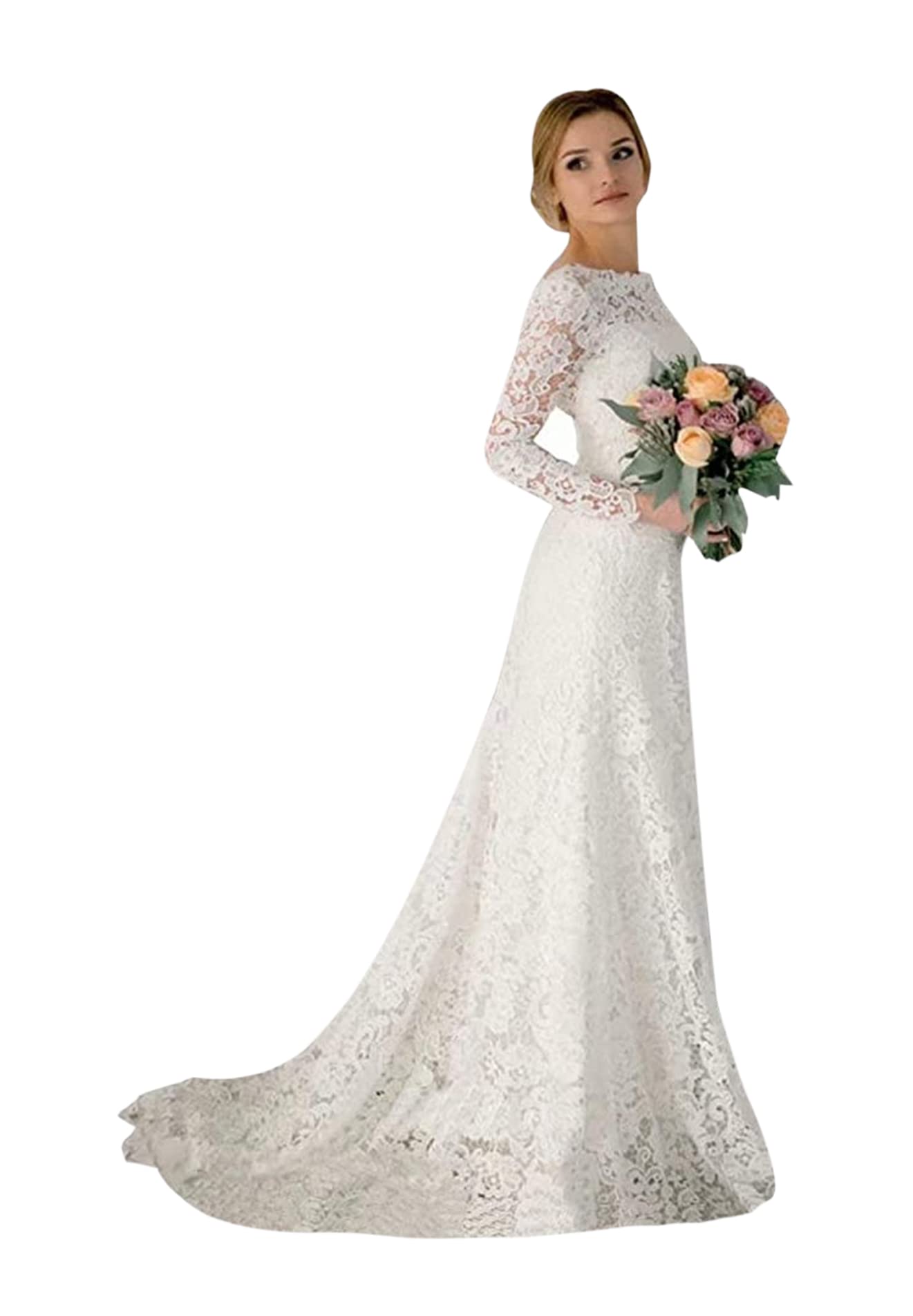 Vintage Lace Mermaid Wedding Dress for Women - Long Sleeves Bridal Gown for Bride - Perfect for Beach, Church, and Formal Wedding Ceremonies