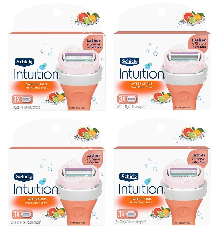Schick Intuition Sweet Citrus Women's Razor Blade Refills - 12 Cartridges (3 Count Pack of 4) - Lather & Shave in One Step - Smooth Legs for Everyday Shaving & Travel