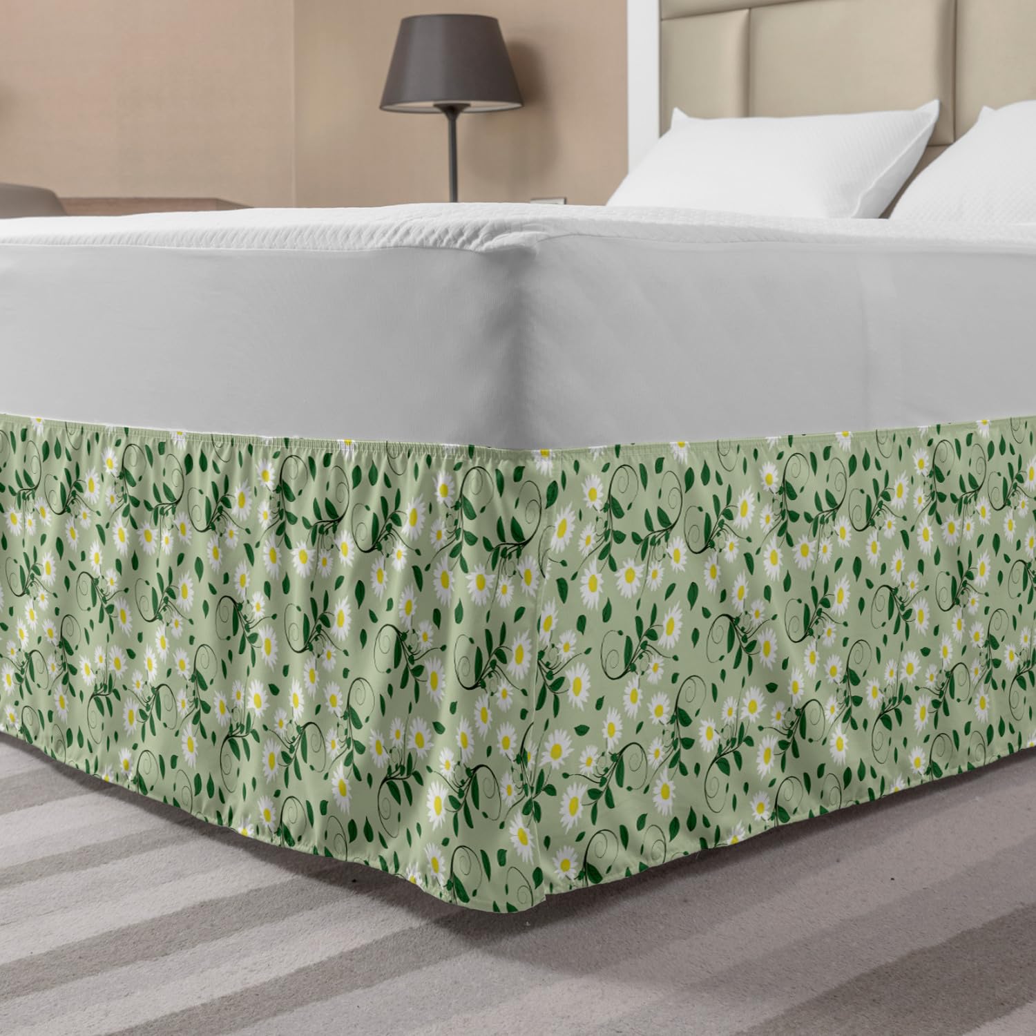 Ambesonne Floral Elastic Bed Skirt - King Size Green Wrap Around Dust Ruffle with Blooming Daisies & Leaf Design | Perfect for Bedroom Decor & Guest Room Styling