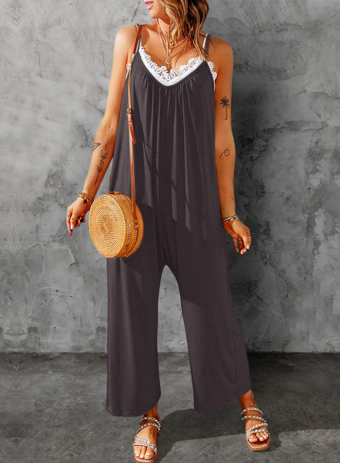Dokotoo Women's Loose Sleeveless Jumpsuit - Adjustable Spaghetti Strap Stretchy Long Pant Romper with Pockets | Casual Summer Outfit, Beach Cover Up, Lounge Wear, Travel Jumpsuit