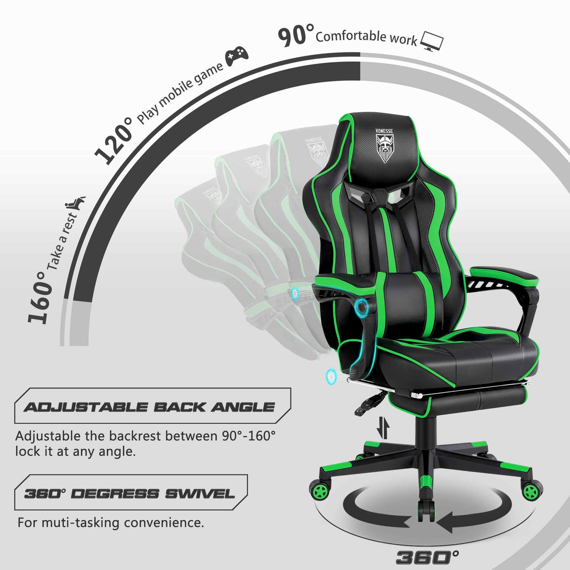 Vonesse Ergonomic Gaming Chair with Adjustable Footrest & Lumbar Massage - Big and Tall Reclining Computer Game Chair for Adults & Teens - High Back Video Gaming Chair for Office & Home (Green/Black) - Perfect for Esports, Streaming & Long Gaming Sessions