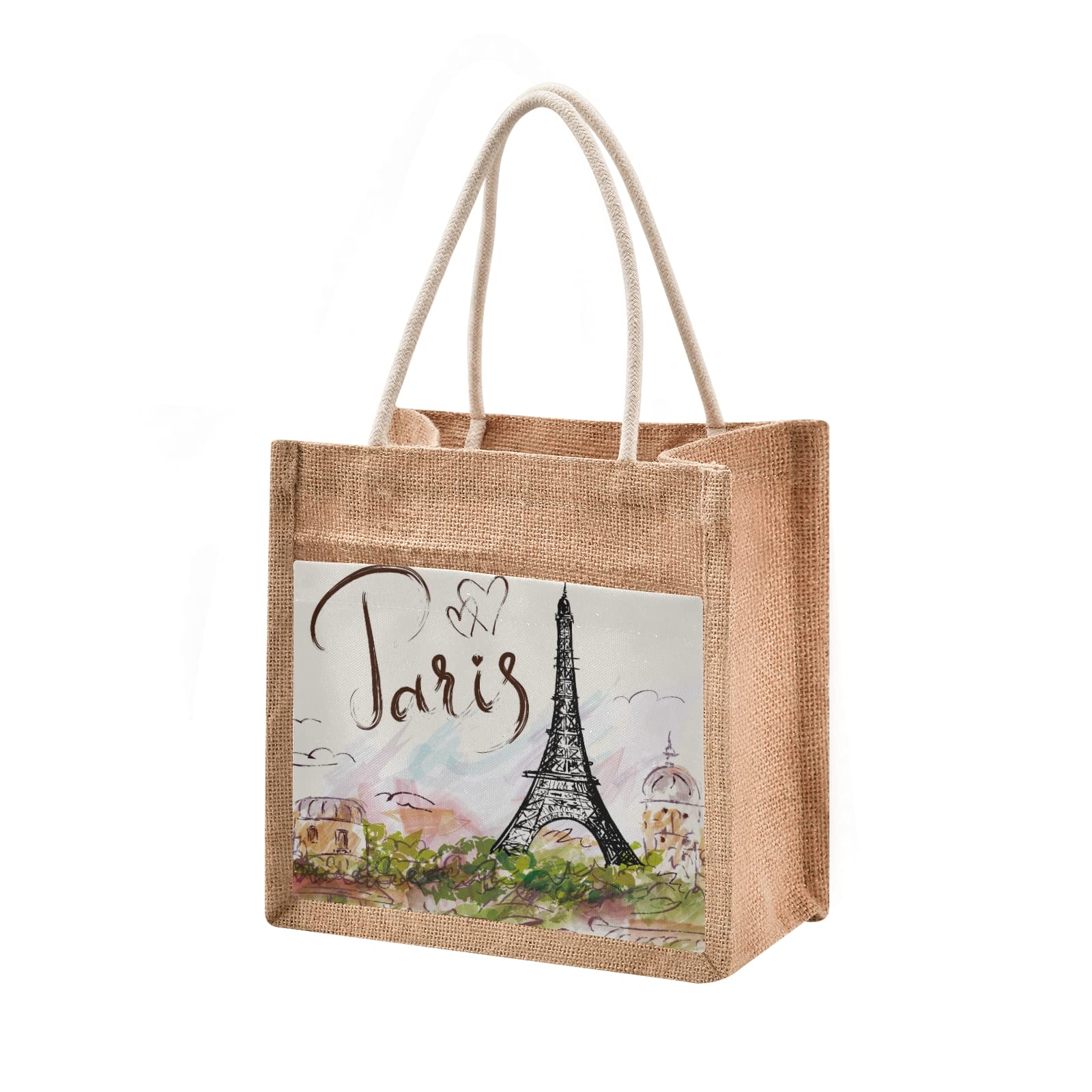 ALAZA Parisian Style Eiffel Tower Printed Jute Tote Bag for Women - Eco-Friendly Grocery Shopping & Travel Tote with Sturdy Handles (8.7