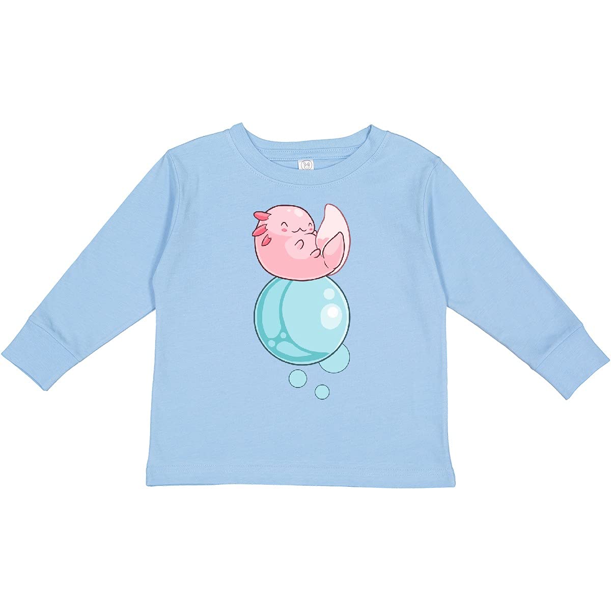 Cute Axolotl Sitting on Bubble Print Toddler Long Sleeve T-Shirt - Soft Cotton Kids Shirt for Playdates & School