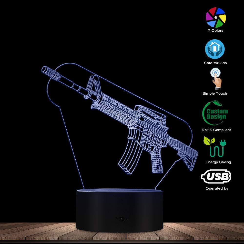 3D LED Gun Lamp - Military Weapon Night Light with Optical Illusion, Cool Cartoon Machine Gun Design - Perfect Gift for Gun Enthusiasts & Home/Office Decor