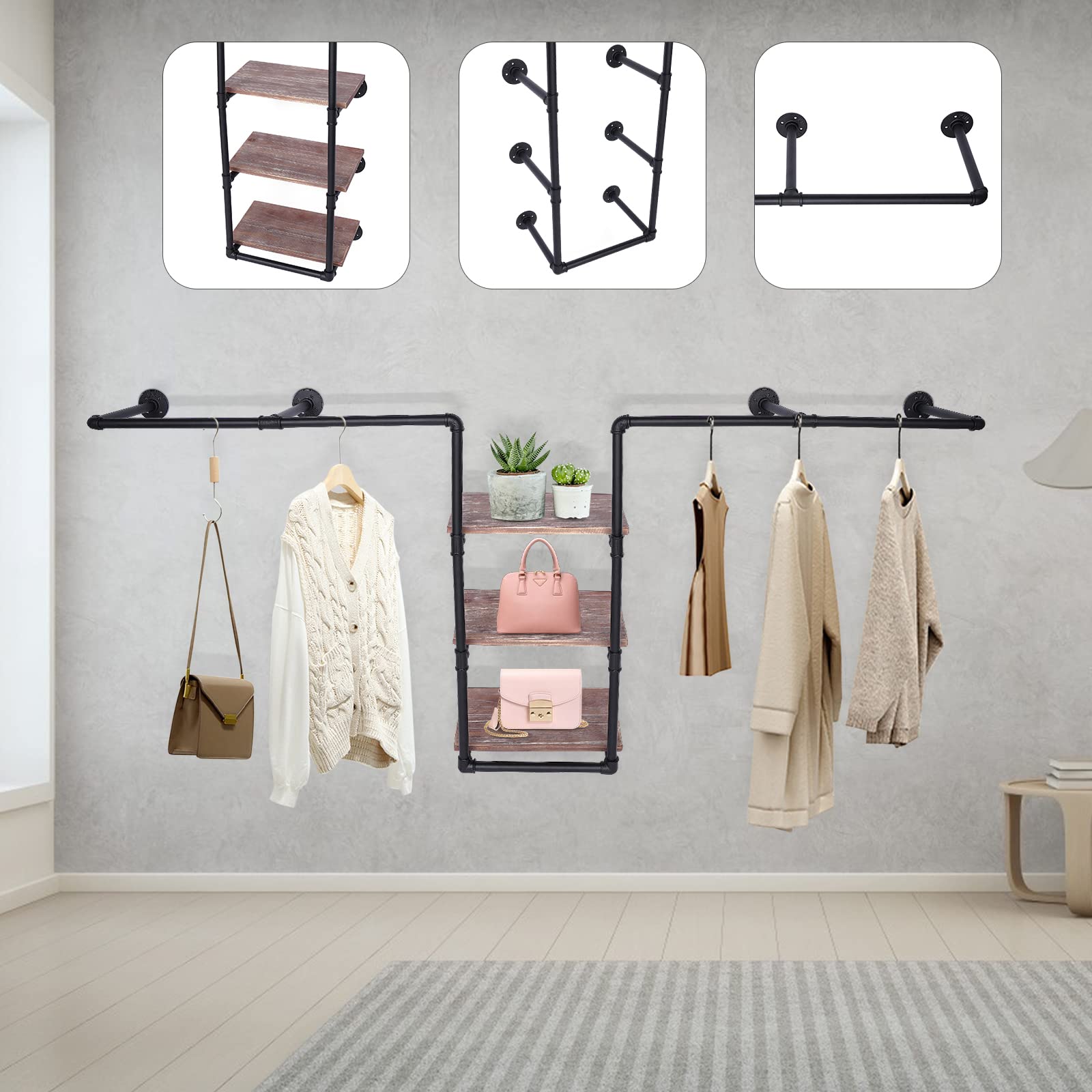 Industrial Pipe Garment Rack - Wall Mounted Clothing Rack with 3-Tier Wooden Shelf & 2 Hanging Rods, Rustic Storage Rack for Home, Boutique or Clothing Store Organization | Perfect for Bedroom, Closet & Retail Display