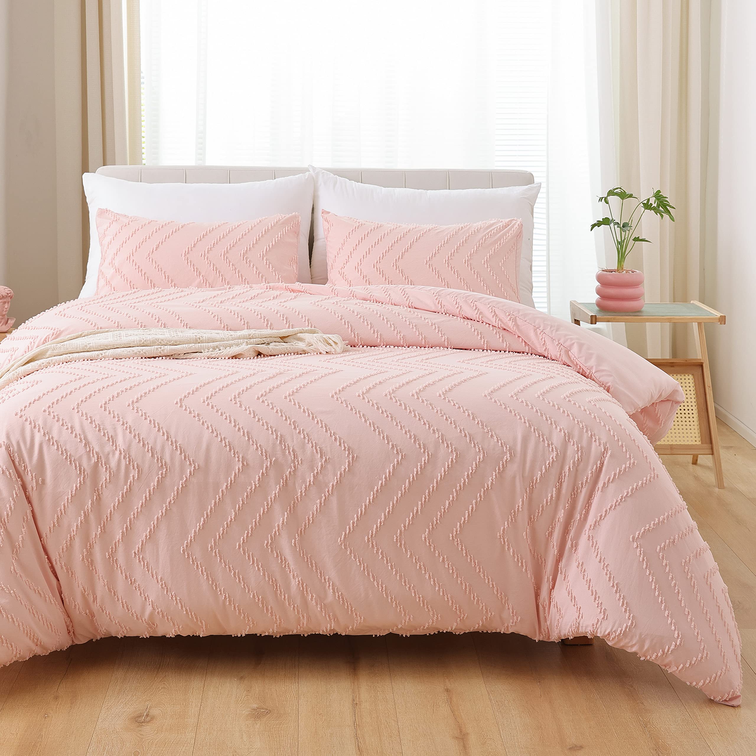 YIRDDEO Twin Size Blush Pink Boho Comforter Set - 2Pcs Farmhouse Bedding with Vertical Tufted Design, Lightweight Neutral Bed Set (1 Comforter + 1 Pillowcase) for Girls' Room, Guest Bedroom & Dorm Decor
