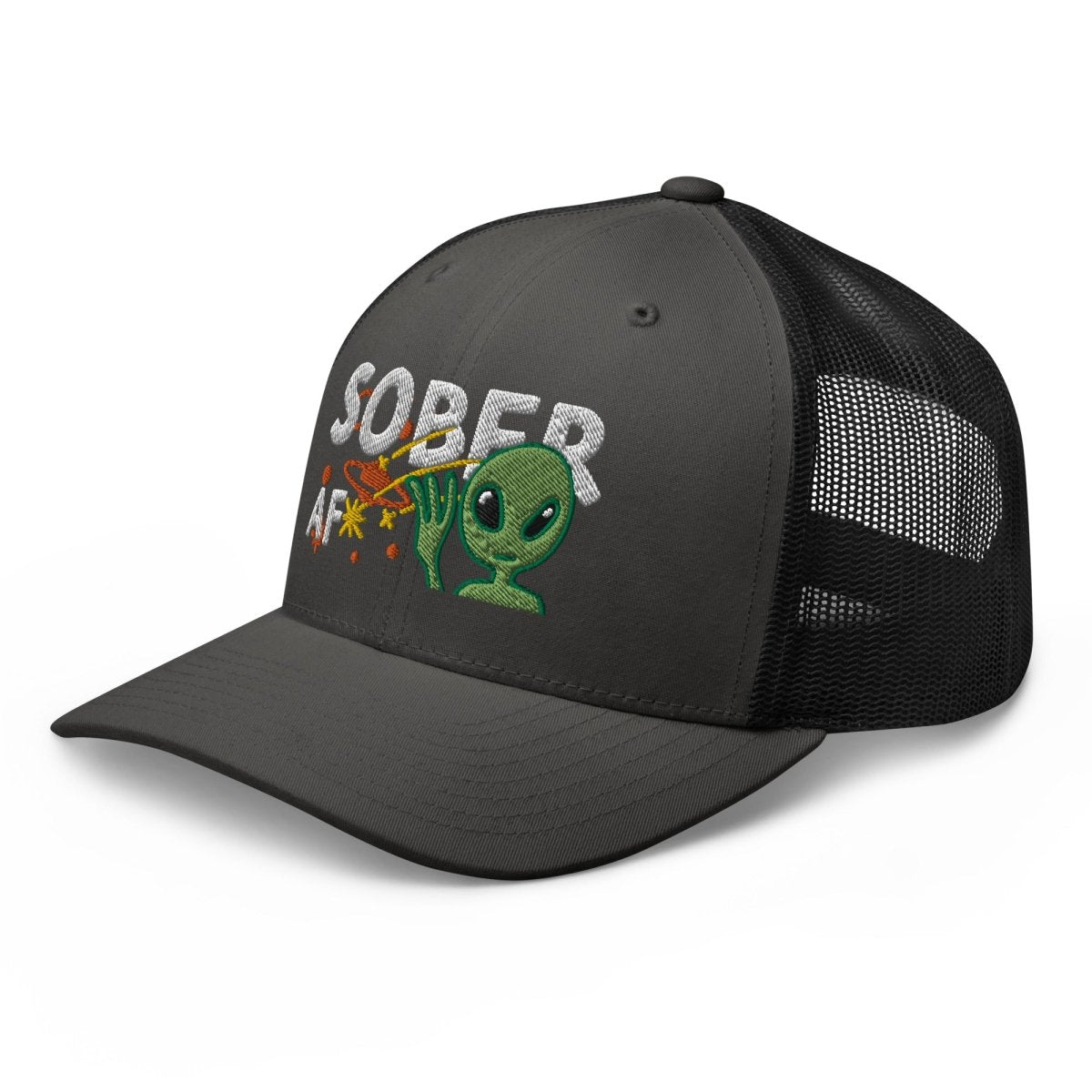 Galactic Sobriety Alien Embroidered Trucker Hat - Cool Novelty Baseball Cap for Men & Women - Perfect for Cosplay, Rave Parties & Streetwear Fashion
