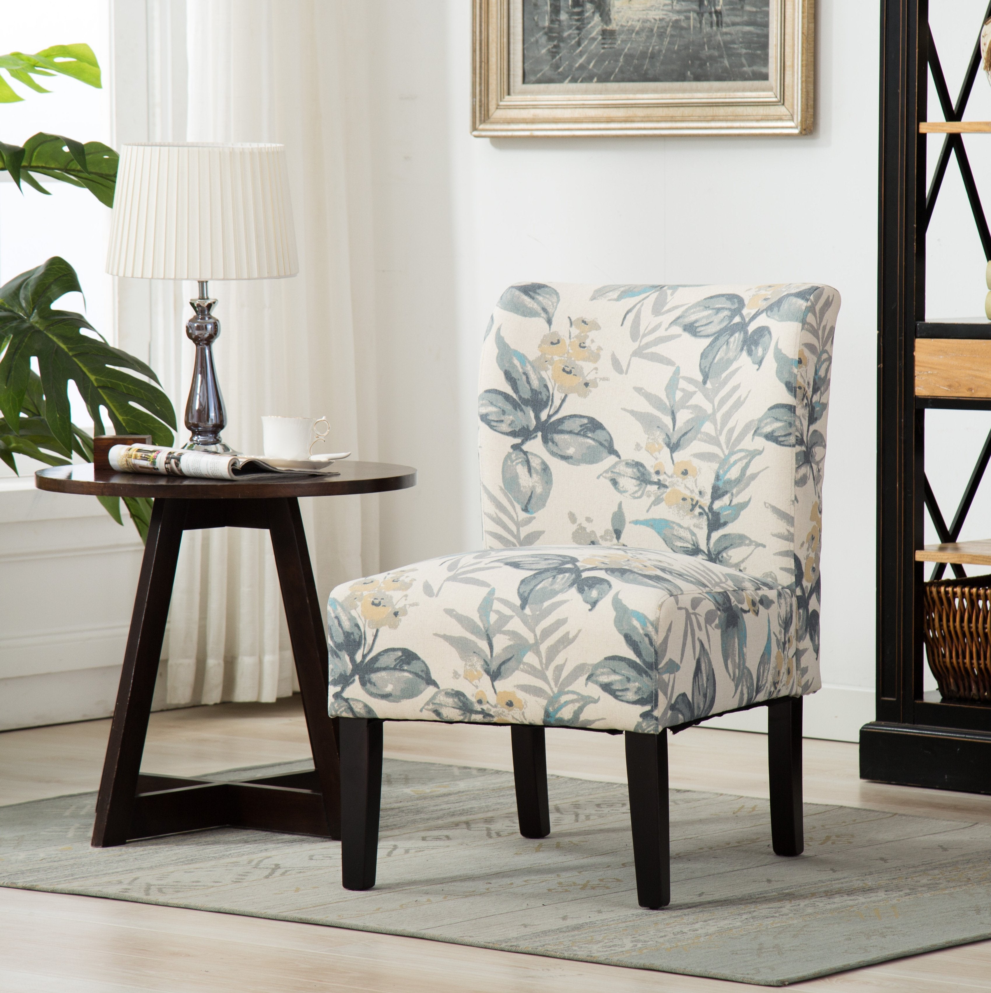 Roundhill Furniture Capa Fabric Armless Contemporary Accent Chair - Blue Leaves Design, Modern Living Room Chair for Home Office, Lounge, or Reading Nook