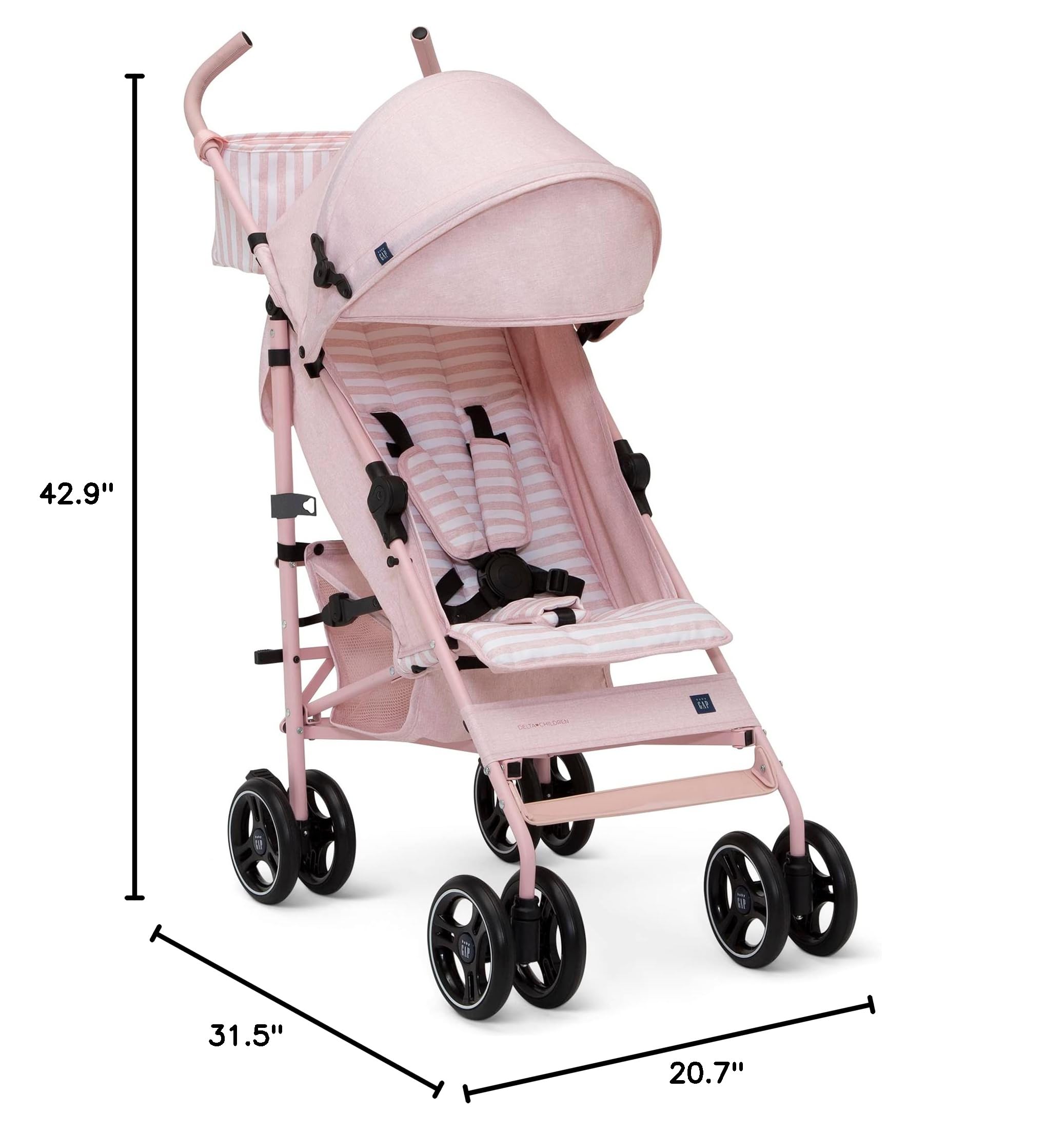 BabyGap Classic Lightweight Stroller with Recline - Compact Foldable Travel Stroller with Removable Parent Organizer - Eco-Friendly Sustainable Baby Stroller in Pink Stripes - Perfect for Newborns, Toddlers & Air Travel