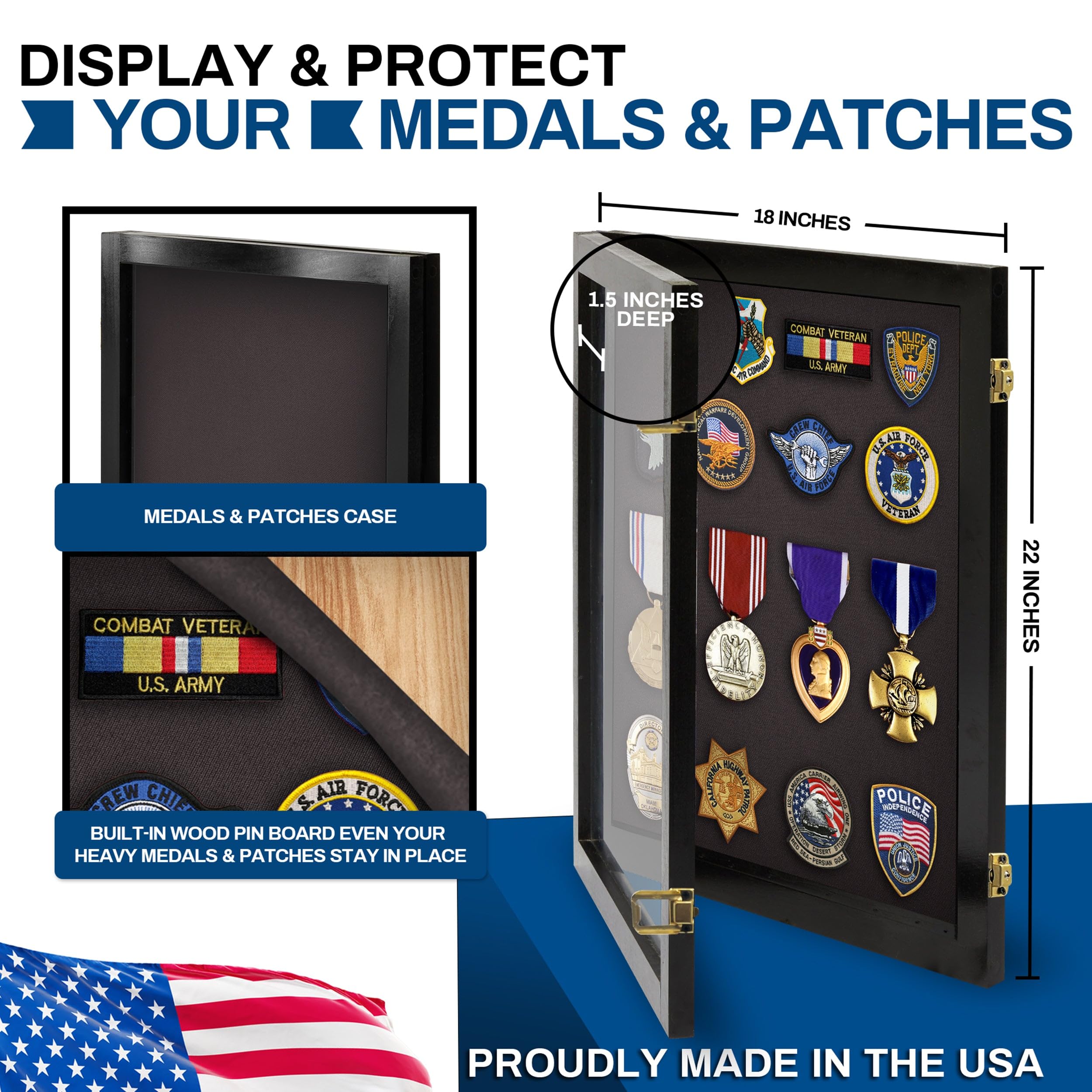 Small Medal Display Case - Acrylic Award & Patches Wall Cabinet for Trophies, Ribbons, Badges - Perfect for Home, Office, or Military Decor