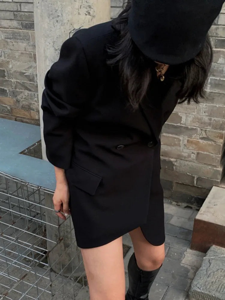 Women's Black Asymmetrical Blazer with Notched Collar - Long Sleeve Minimalist Jacket for Office Wear, Business Attire & Fall Fashion | Professional Workwear & Autumn Outfits