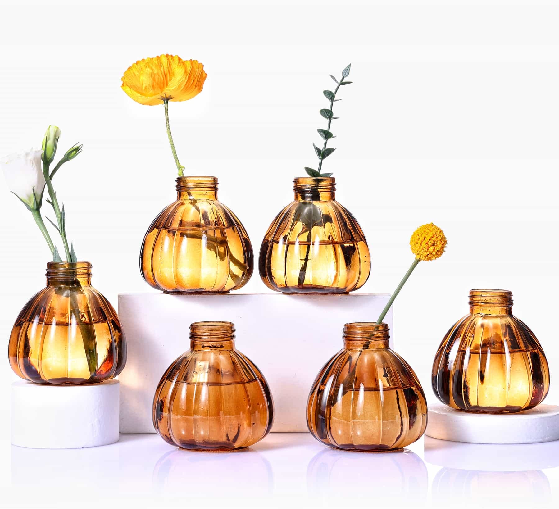 6-Piece Glass Bud Vase Set - Small Flower Vases for Floral Arrangements, Rustic Home Decor Centerpieces - Perfect for Living Room, Office, Wedding & Event Decorations (Brown) - Ideal for Table Settings, Gift Giving & Seasonal Displays