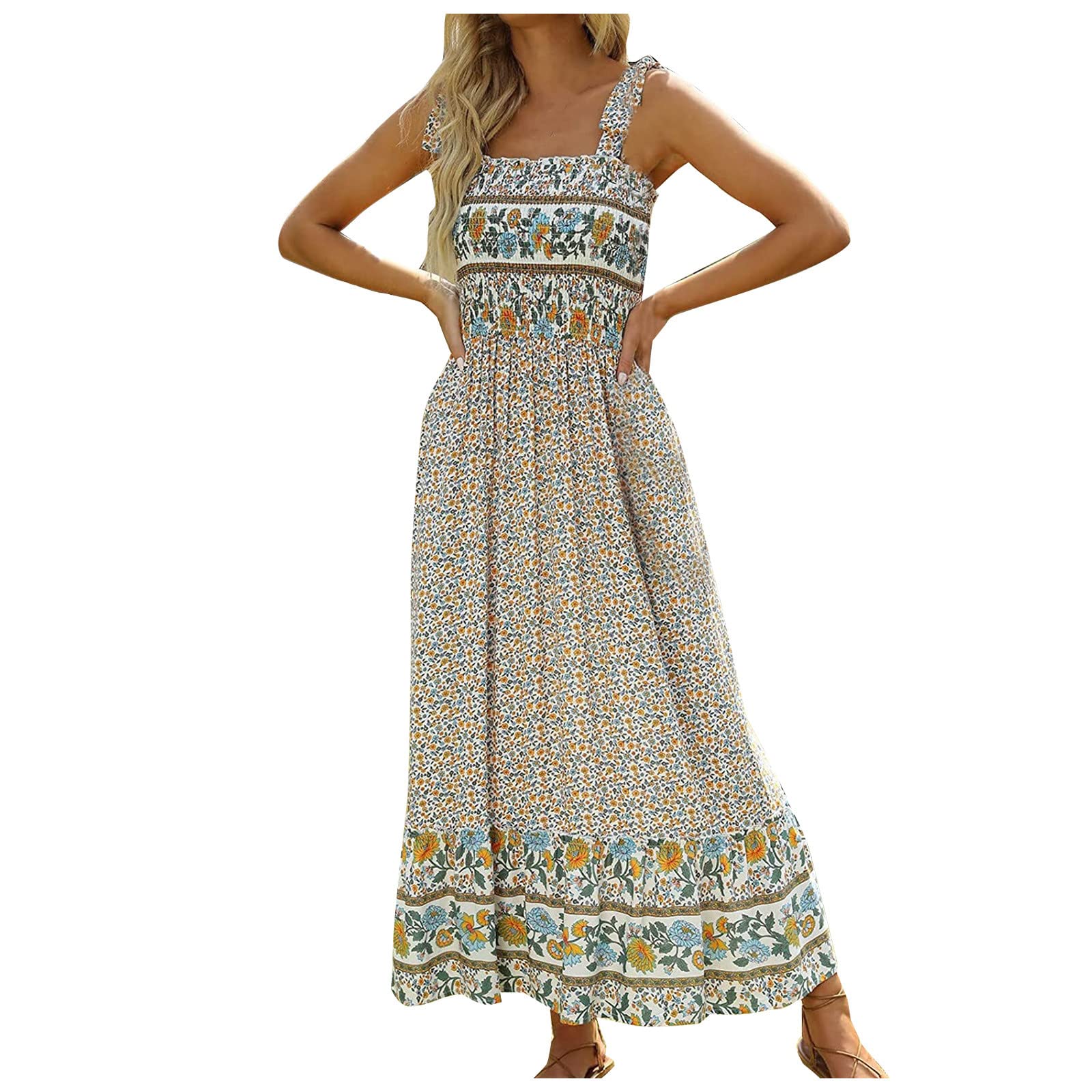 Women's Boho Floral Print Smocked Maxi Dress - Flowy Ruffle A-Line with Tie Straps & Square Neck | Perfect for Summer Beach Vacations, Weddings & Casual Outings