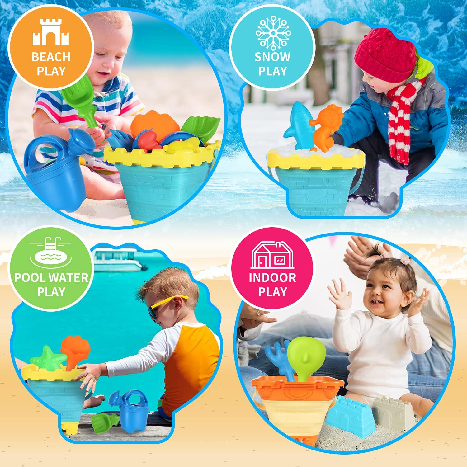 24PCS Beach Sand Toys Set with Mesh Backpack - 2 Foldable Buckets, Sand Molds, Shovels, Rakes & Watering Can | Summer Outdoor Toys for Kids & Toddlers | Perfect for Beach, Sandbox, Backyard & Pool Play