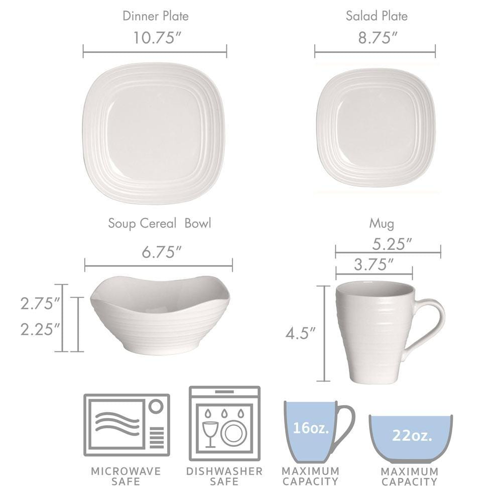 16-Piece White Square Dinnerware Set - Service for 4, Modern Swirl Design for Everyday Dining & Entertaining | Dishwasher & Microwave Safe