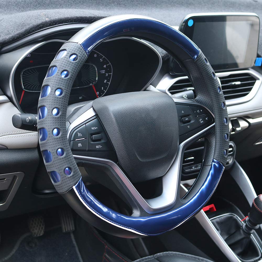 Premium Universal 15-Inch Non-Slip Leather Steering Wheel Cover - Blue | Comfort Grip & Enhanced Driving Control | Perfect for Cars, Trucks & SUVs