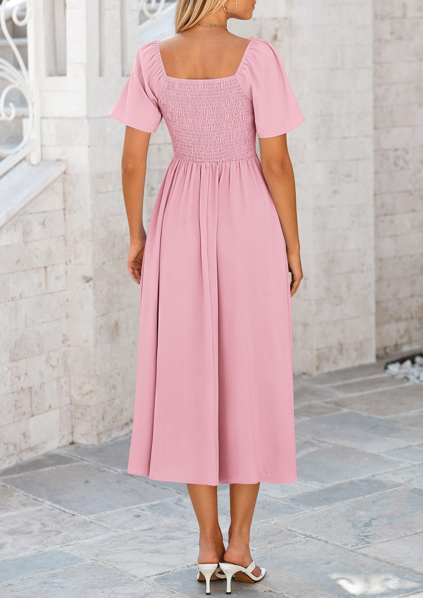 PRETTYGARDEN Women's Summer Casual Dress 2025 - Short Sleeve V-Neck Bow Tie Ruffle Midi Flowy Dress for Beach, Vacation & Daily Wear