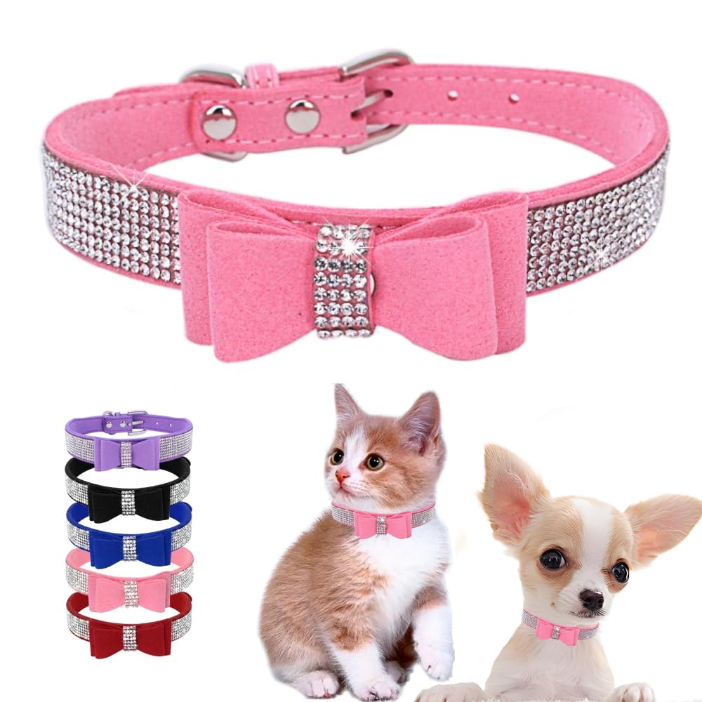 Sparkling Rhinestone Dog Collar with Bow - Bling Crystal Adjustable Pet Collar for Small Dogs, Cats, Yorkie, Kitten - XXS XS S M Size - Perfect for Special Occasions, Parties, and Daily Fashion Accessories