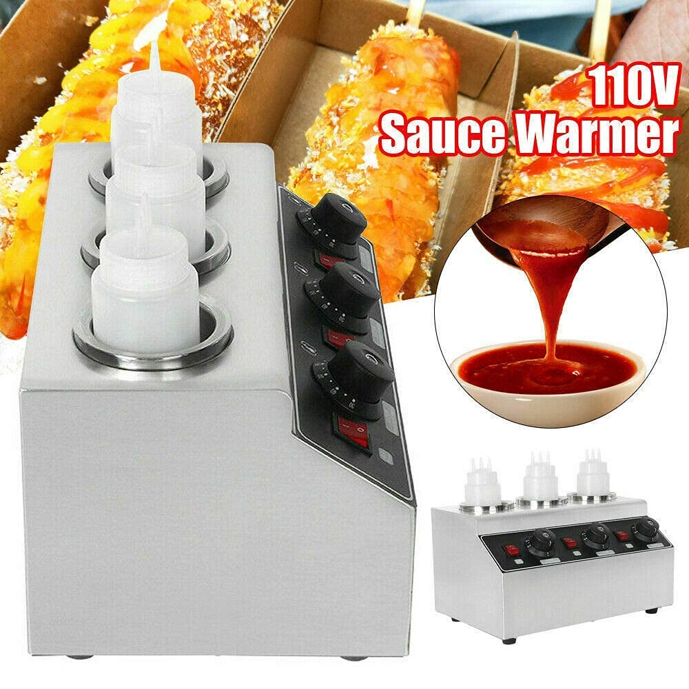 Commercial Electric Food Warmer - 3 Bottle Stainless Steel Sauce Dispenser with Adjustable Temperature (30-85°C) for Chili, Cheese, Caramel & Jam - Perfect for Restaurants, Cafes & Catering Services