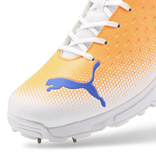 Puma 22.2 White Bluemazing Neon Citrus Cricket Metal Spike Shoes - Lightweight Performance Cricket Footwear for Men - Perfect for Professional Matches & Training Sessions