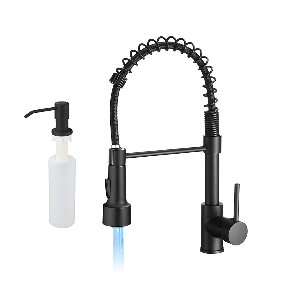 OWOFAN Matte Black LED Light Kitchen Sink Faucet with Pull Down Sprayer and Soap Dispenser - Modern Touchless Water Saving Faucet for Home, Restaurant & Commercial Use