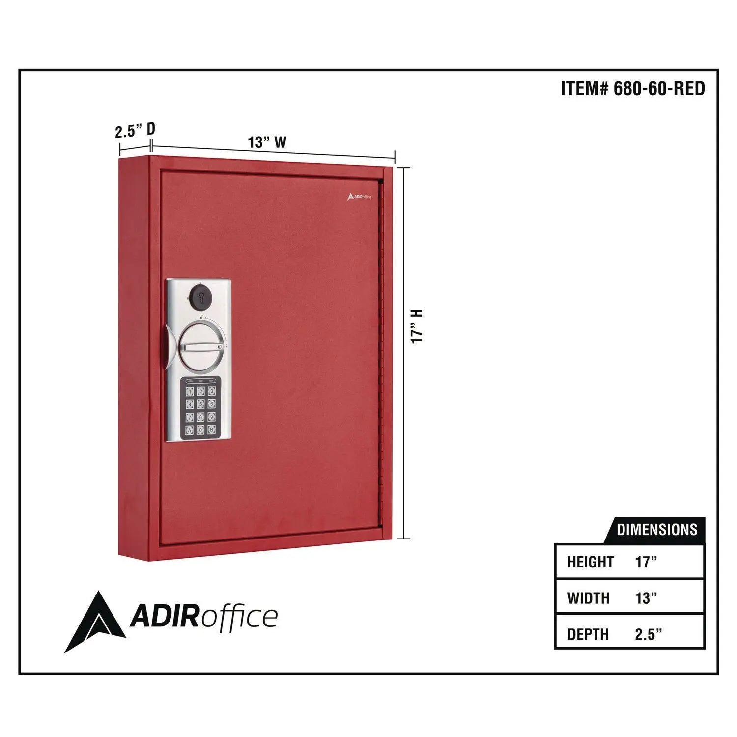 AdirOffice Steel Digital Lock Key Cabinet - 60 Key Capacity, 13 x 2.6 x 17 Inches, Stainless Steel 304 Construction, Red - Secure Key Storage for Offices, Hotels, Schools, and Property Management