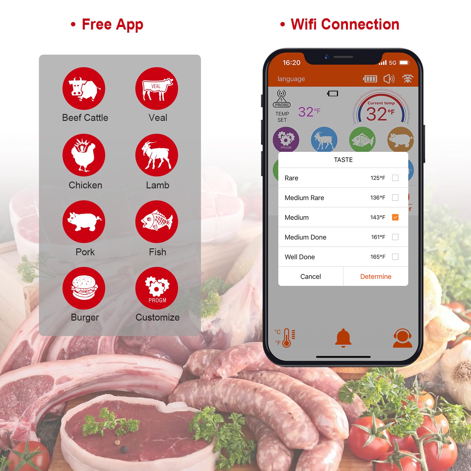 Wireless Meat Thermometer for Grilling & BBQ - Digital Cooking Thermometer with 500ft Remote Range & Smartphone App (iOS/Android) - Perfect for Steak, Turkey, Oven Baking & Outdoor Cooking