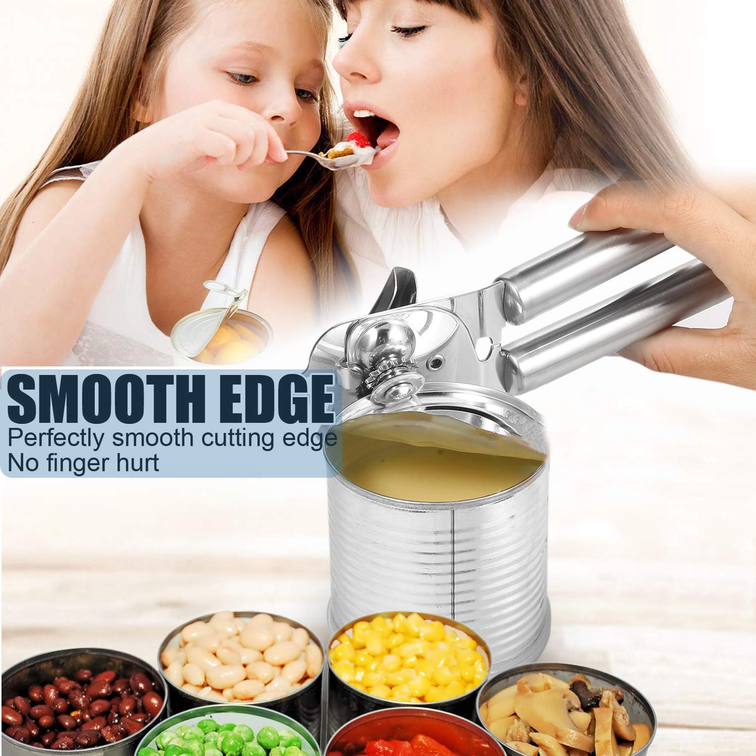 Premium Stainless Steel Manual Can Opener with Bottle Opener - Food Safe, Non-Slip Grip, Smooth Edge & Sharp Blade - Ideal for Kitchen, Camping, Picnics & Emergency Preparedness (Silver)