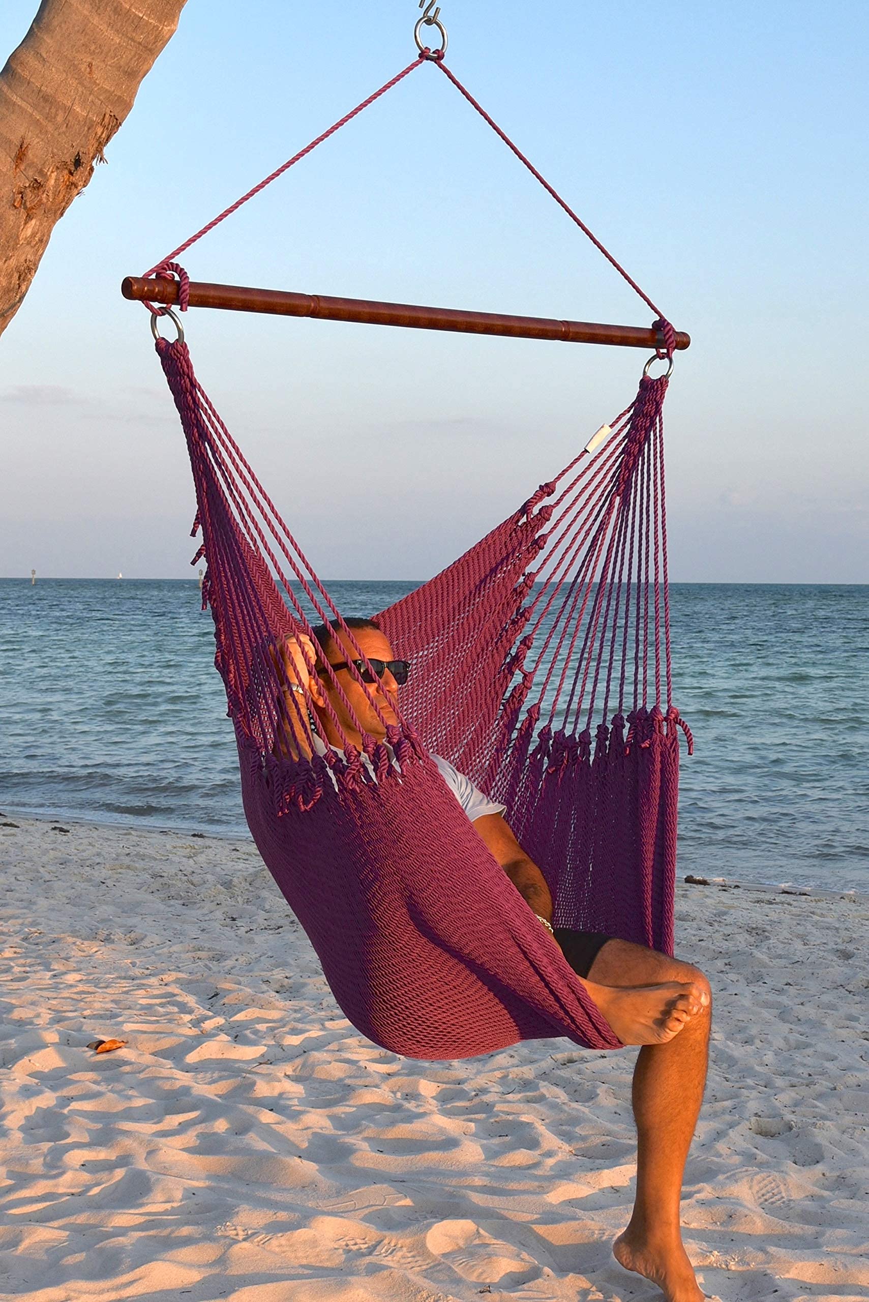 Jumbo Caribbean Hammock Chair with Footrest - 55 Inch Oversized Hanging Swing Chair - Soft-Spun Polyester in Purple - Perfect for Patio, Backyard, Porch & Indoor Relaxation